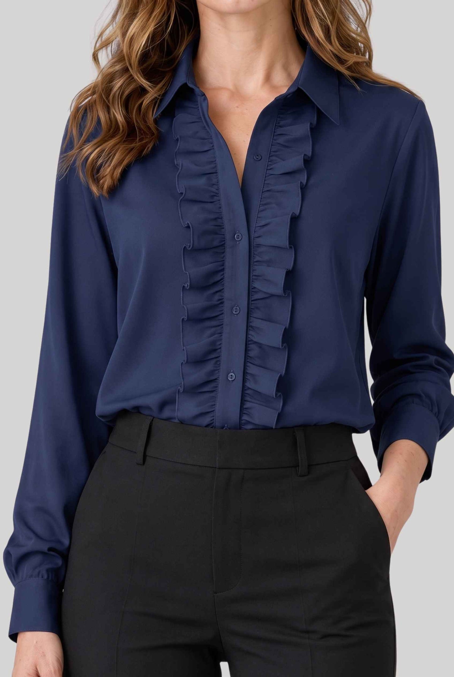 Virtual model wearing The Aria Ruffle Blouse Ruffle Georgette Button-Down Blouse in Navy