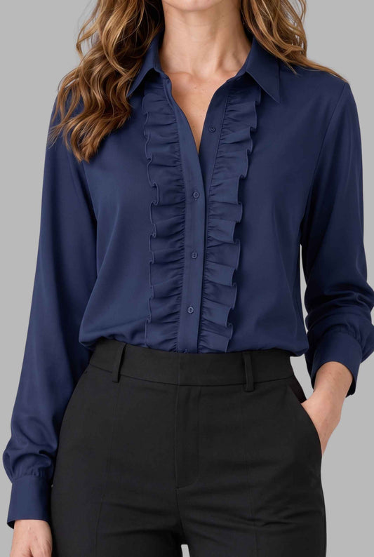 Virtual model wearing The Aria Ruffle Blouse Ruffle Georgette Button-Down Blouse Navy
