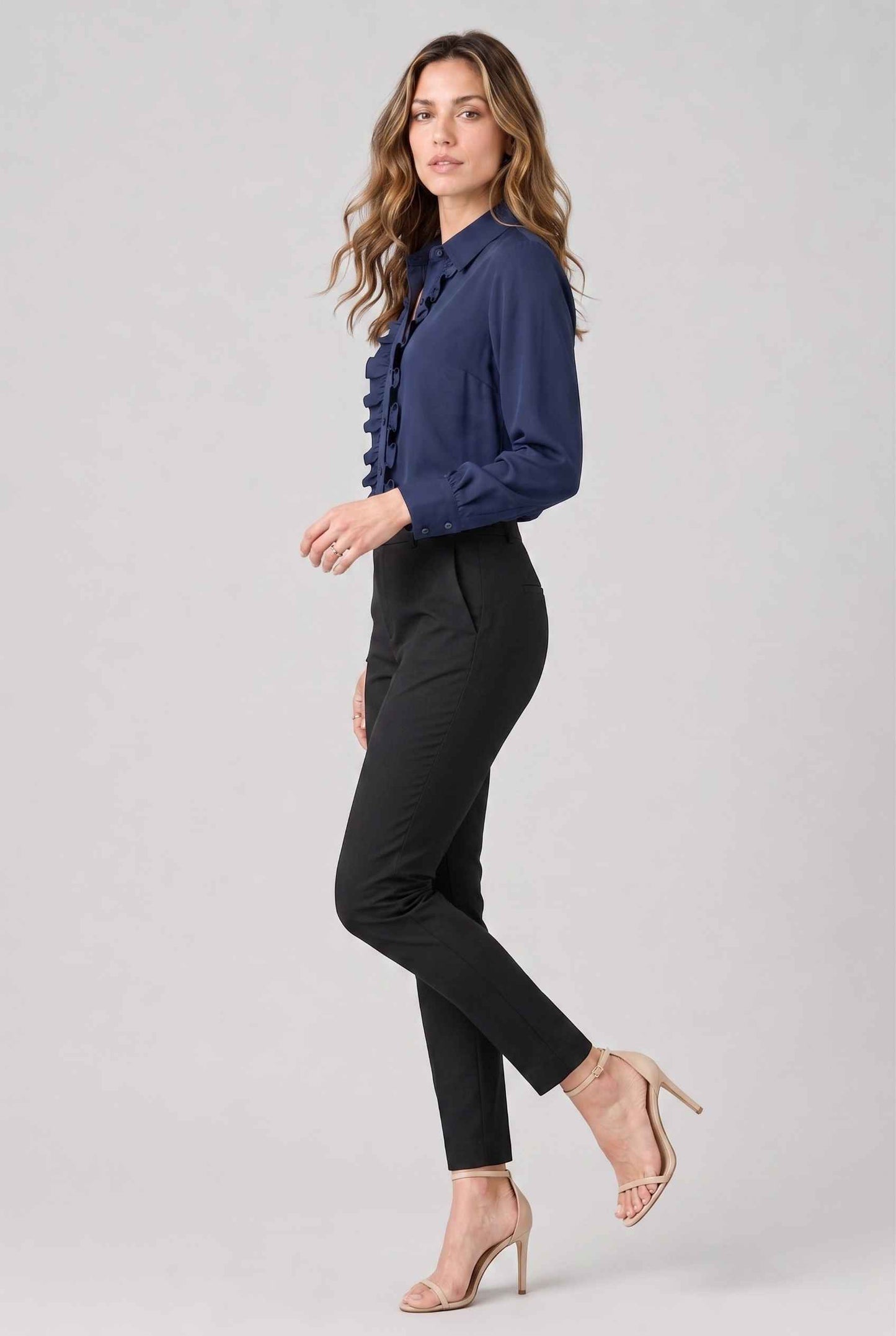 Virtual model wearing The Aria Ruffle Blouse Ruffle Georgette Button-Down Blouse in Navy