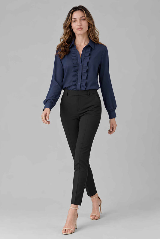 Virtual model wearing The Aria Ruffle Blouse Ruffle Georgette Button-Down Blouse Navy
