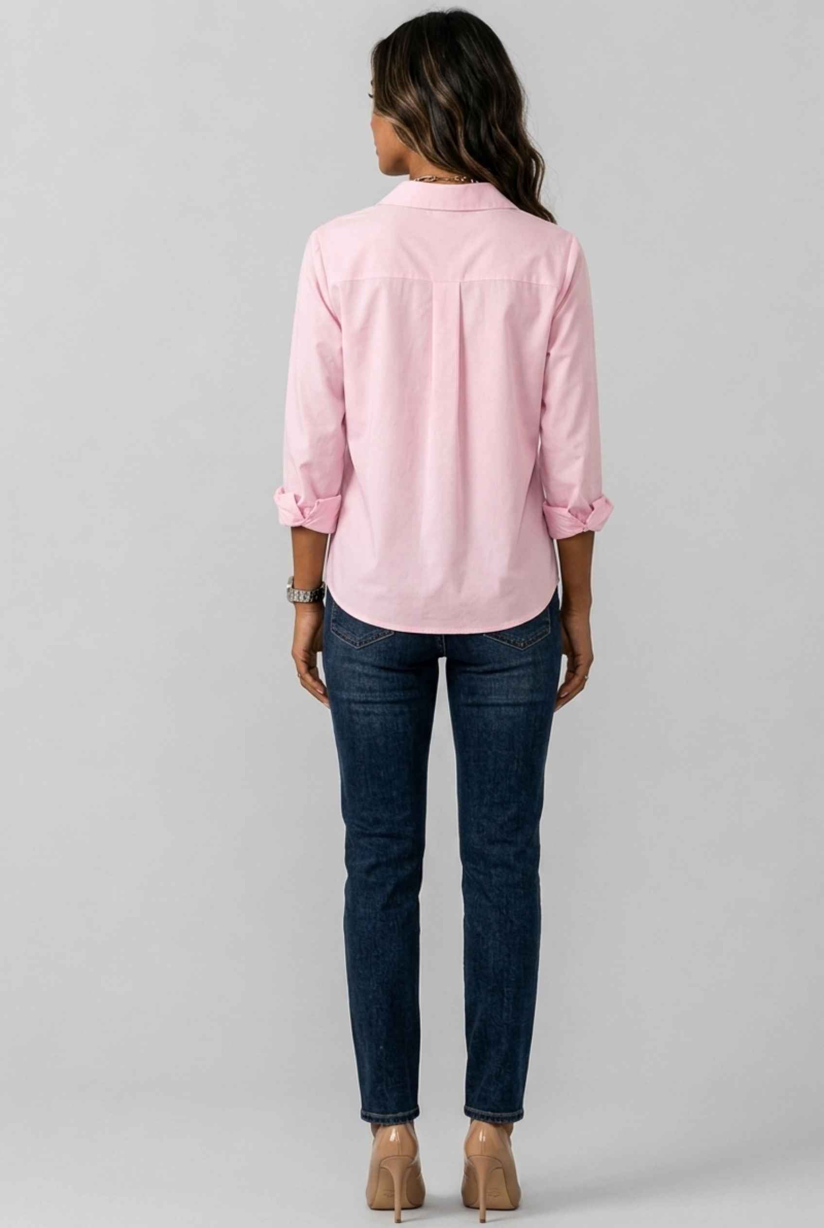Virtual Model wearing The Aria Ruffle Blouse Ruffle Georgette Pink Button-Down Blouse