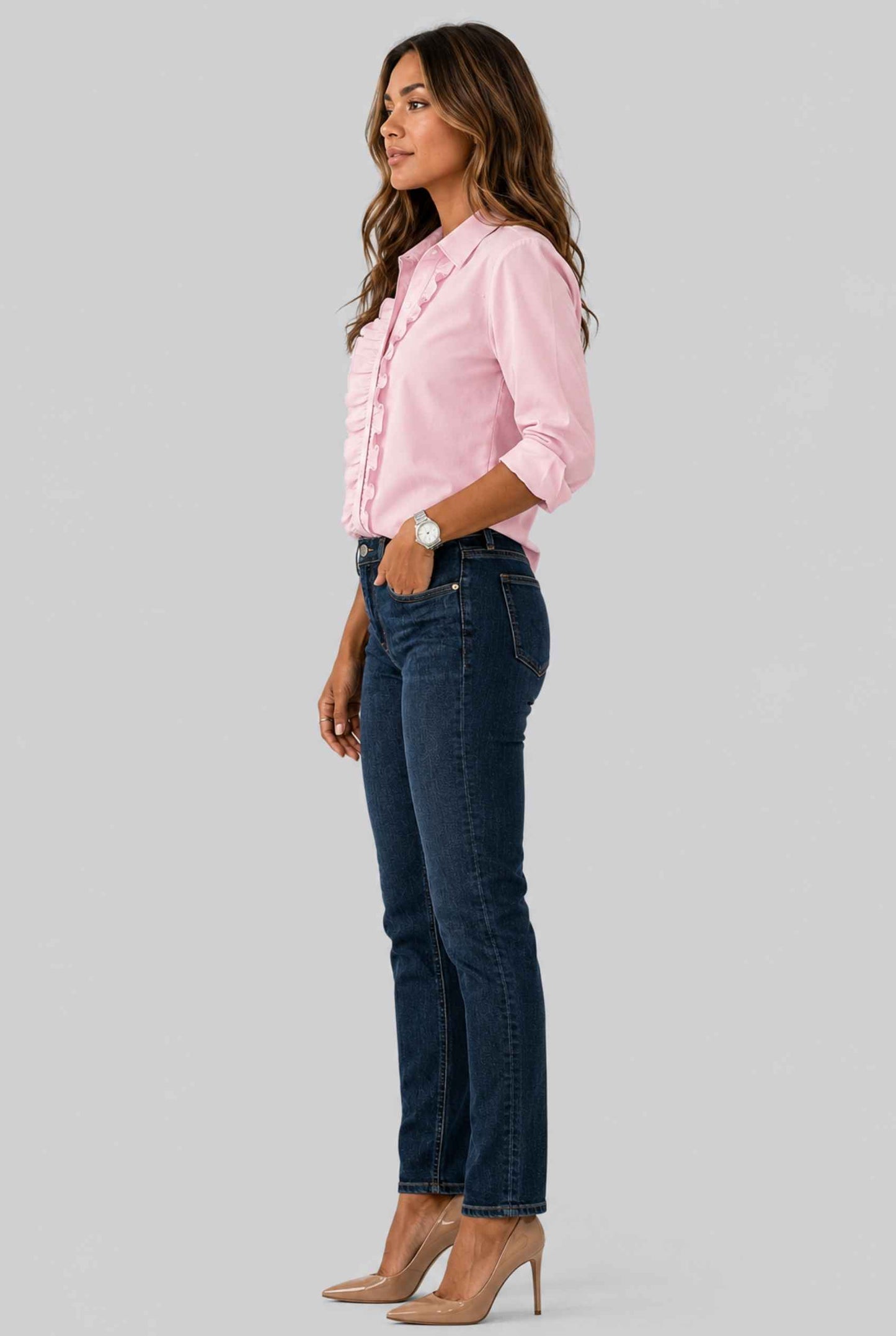 Virtual Model wearing The Aria Ruffle Blouse Ruffle Georgette Pink Button-Down Blouse
