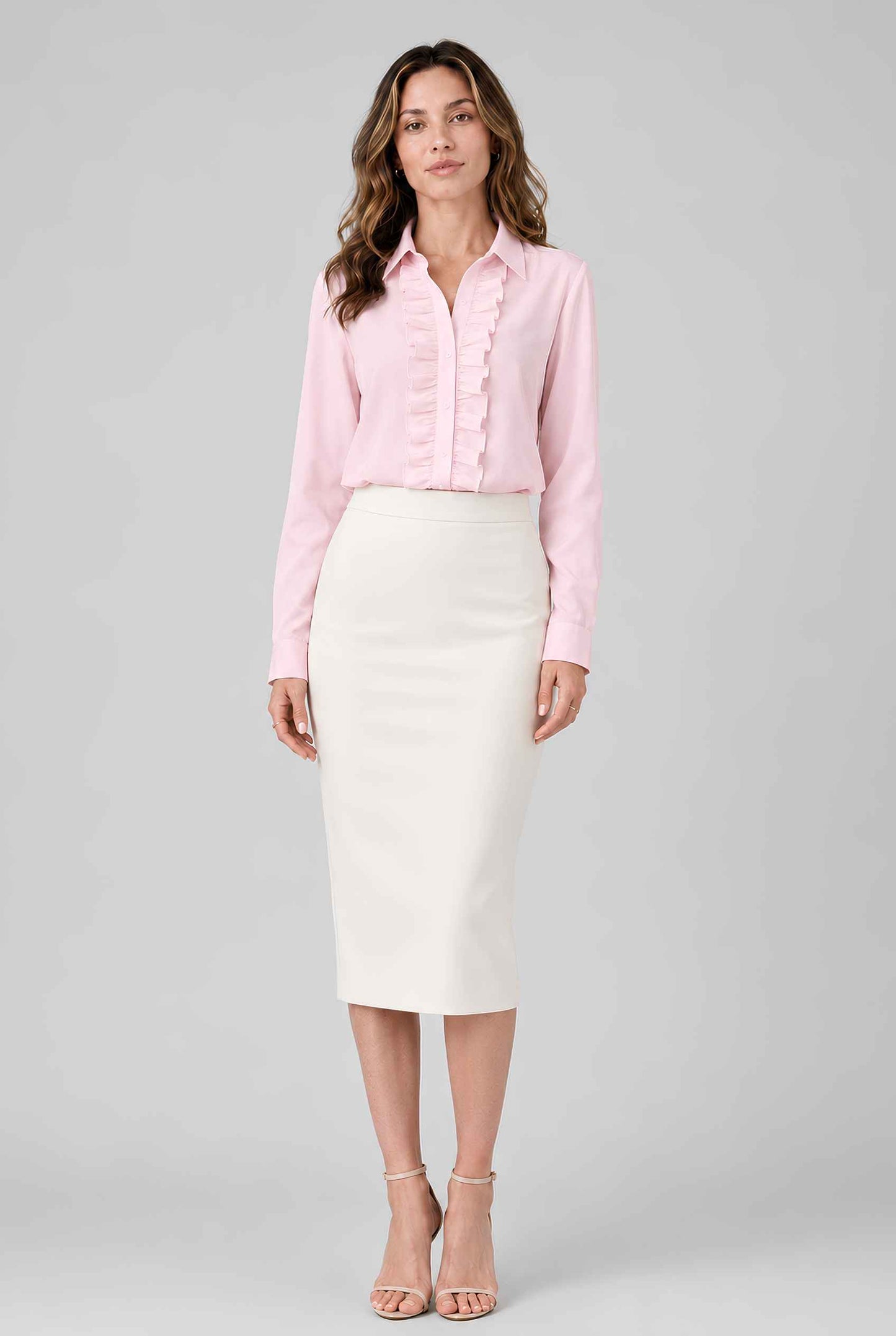 Virtual model wearing The Aria Ruffle Blouse Ruffle Georgette Button-Down Blouse in Pink