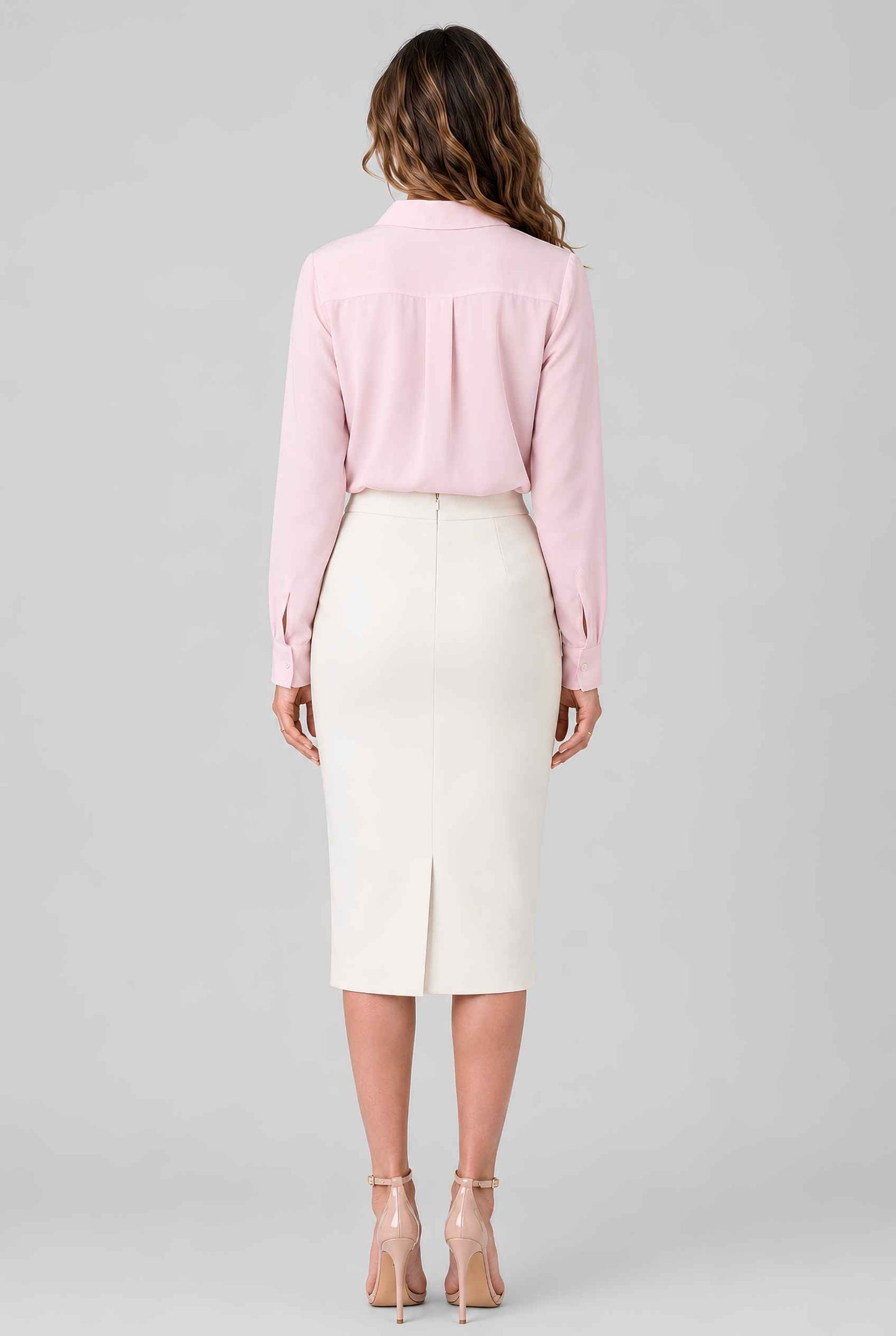 Virtual model wearing The Aria Ruffle Blouse Ruffle Georgette Button-Down Blouse in Pink