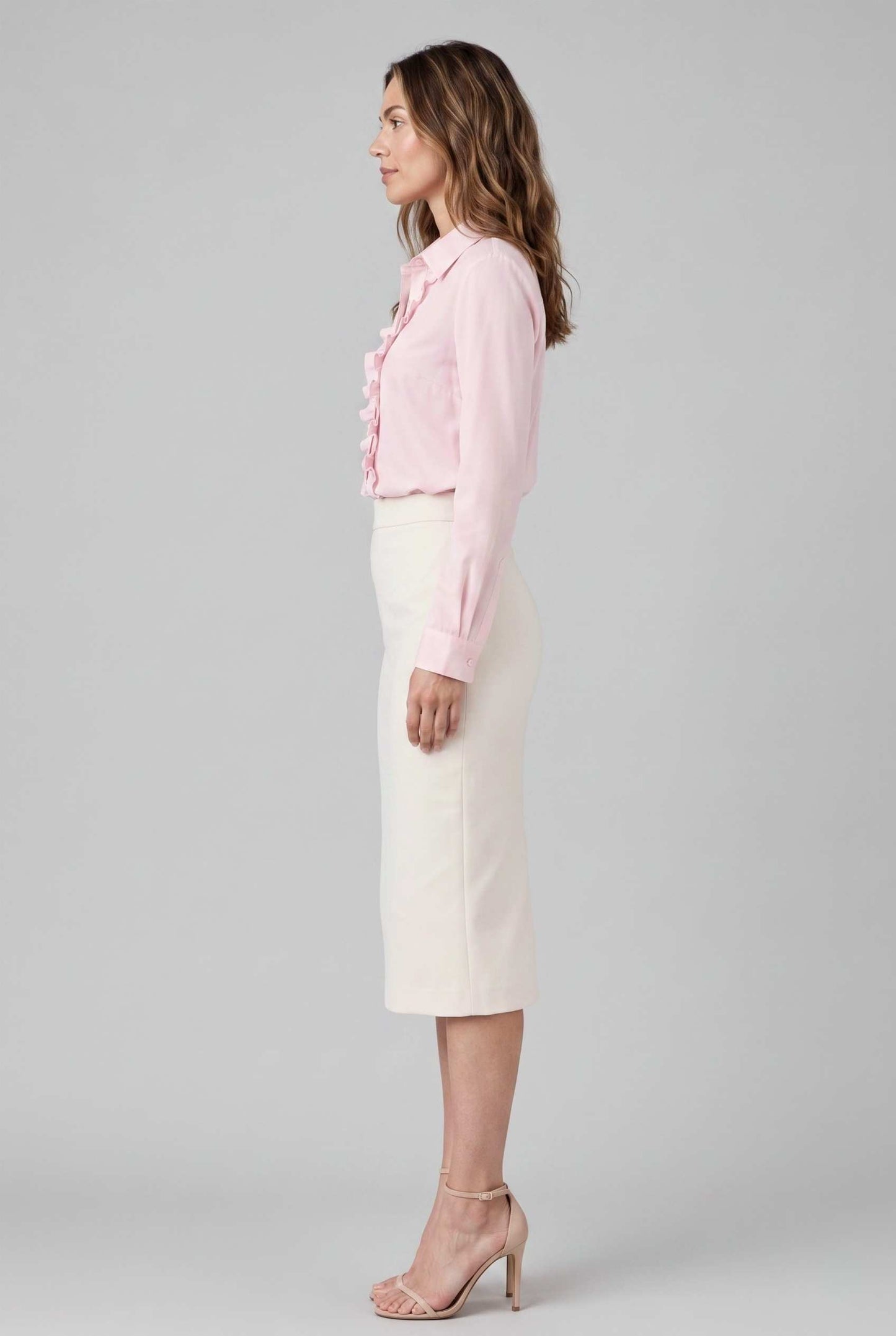 Virtual model wearing The Aria Ruffle Blouse Ruffle Georgette Button-Down Blouse in Pink