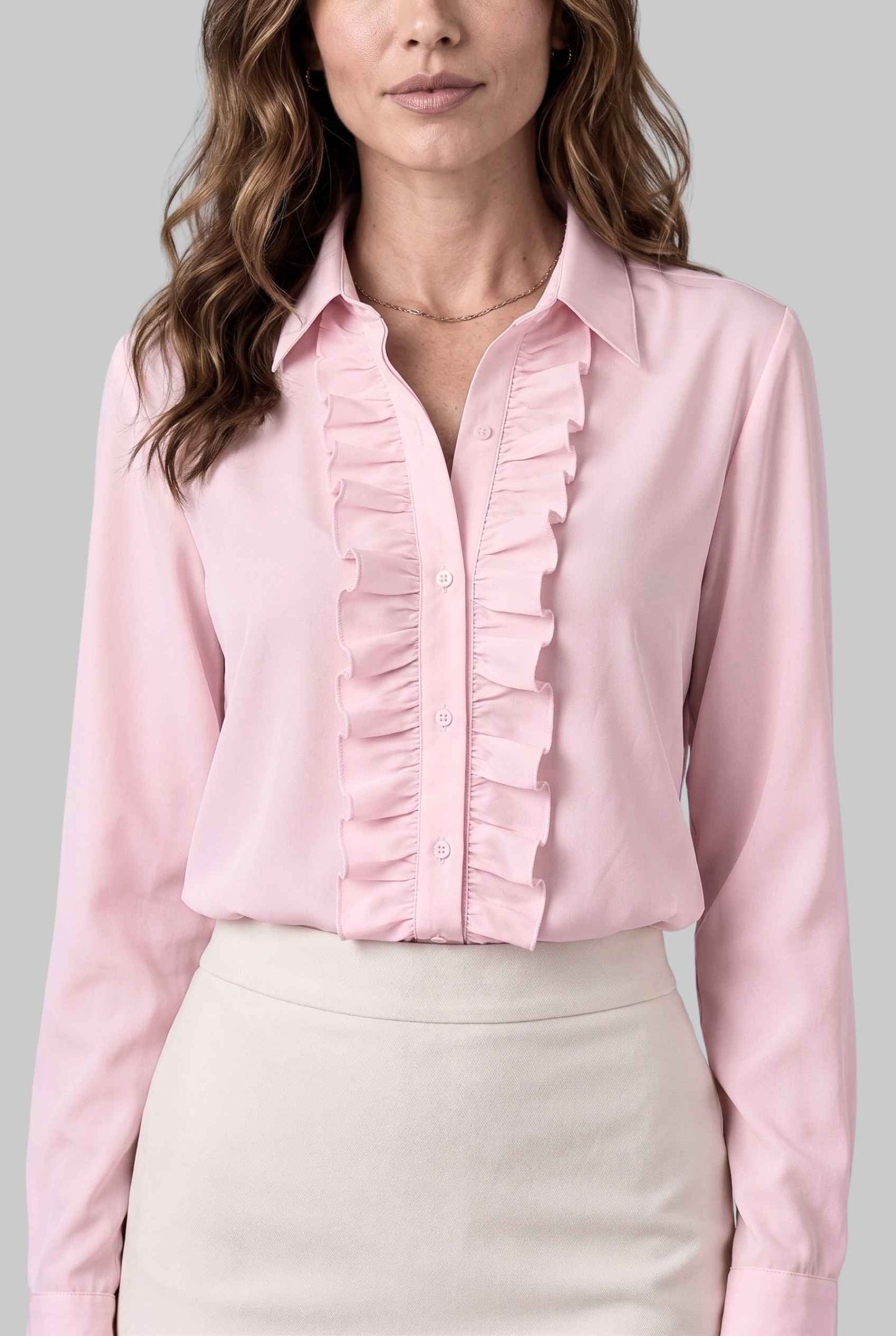 Virtual model wearing The Aria Ruffle Blouse Ruffle Georgette Button-Down Blouse in Pink