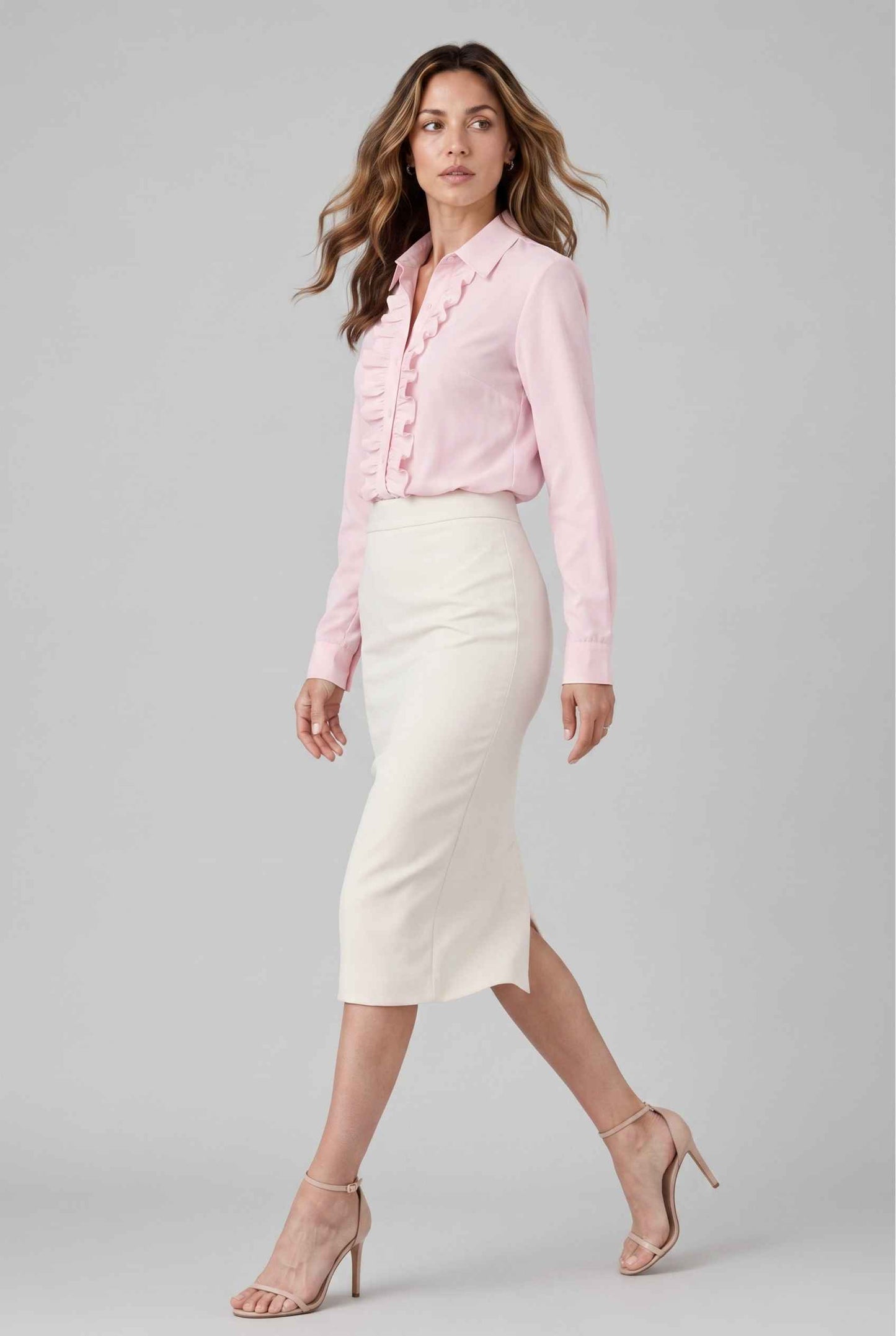 Virtual model wearing The Aria Ruffle Blouse Ruffle Georgette Button-Down Blouse in Pink