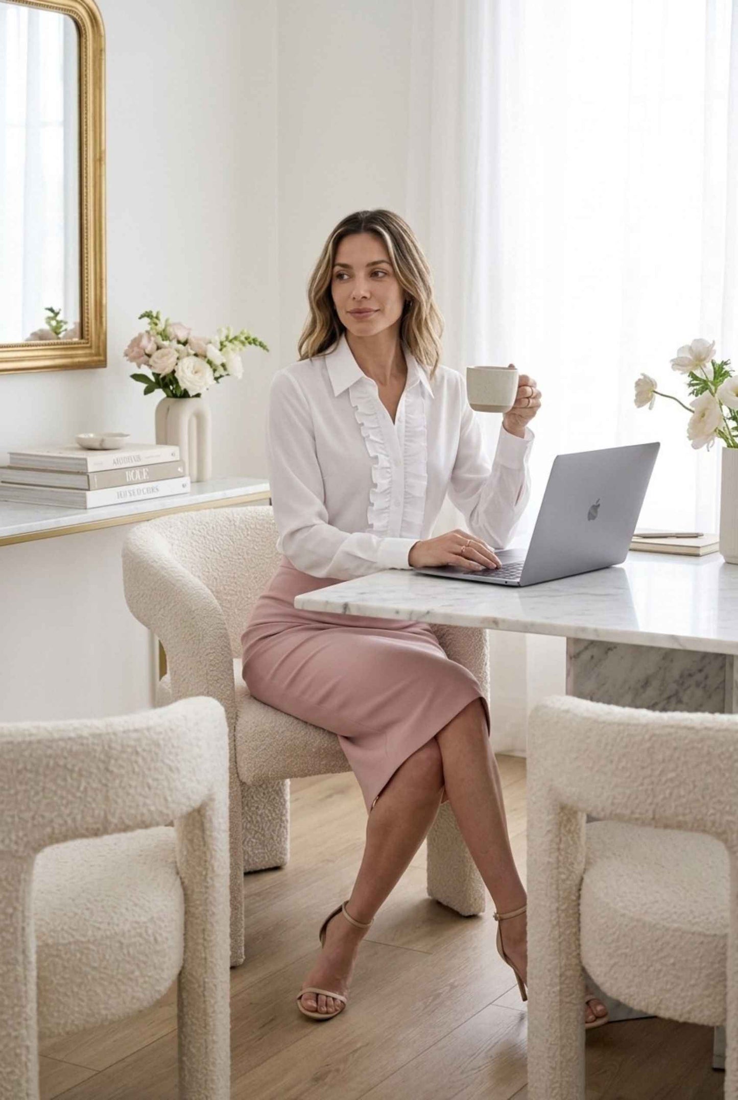 Virtual model wearing The Aria Ruffle Blouse Ruffle Georgette Button-Down Blouse in White