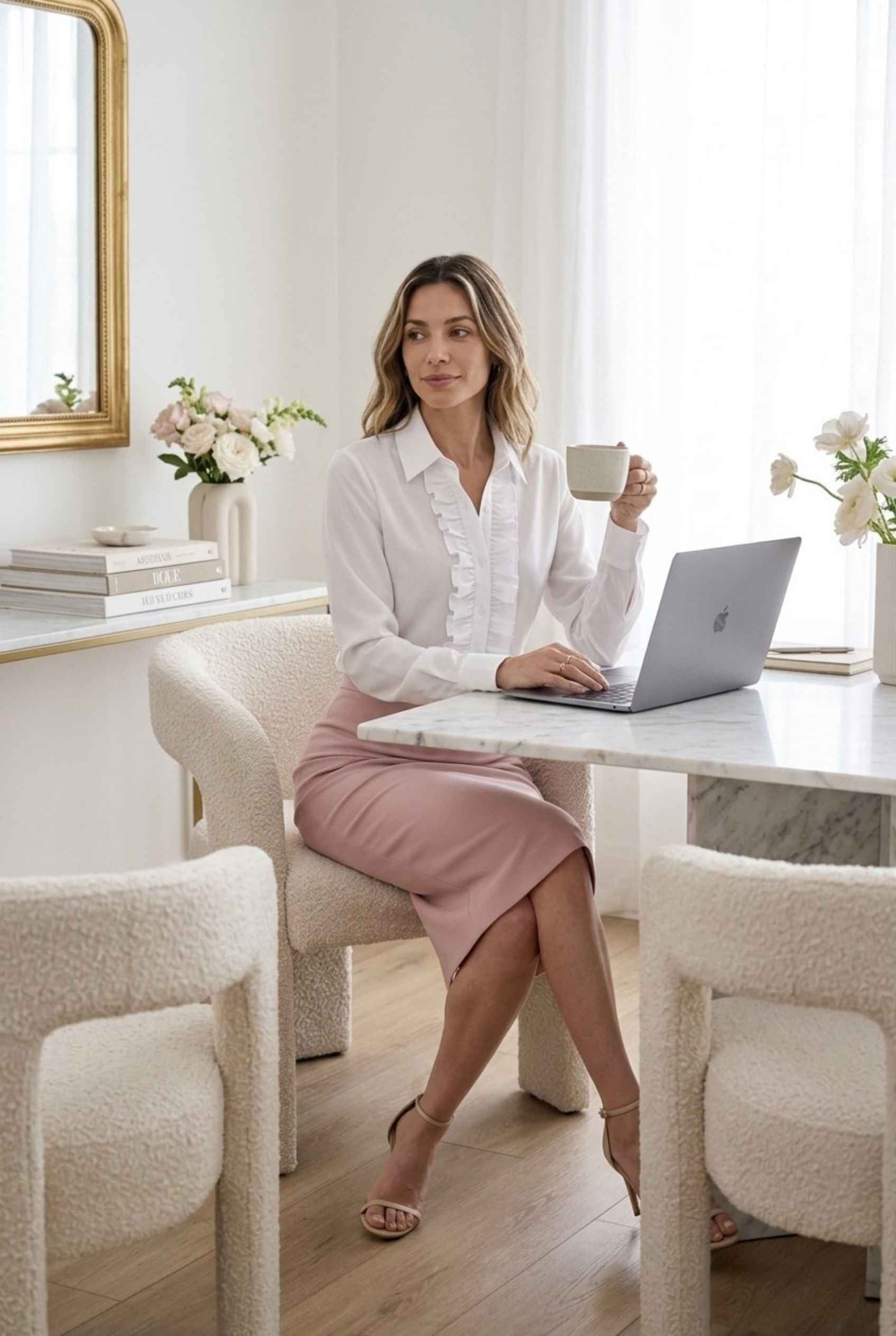 Virtual model wearing The Aria Ruffle Blouse Ruffle Georgette Button-Down Blouse in White