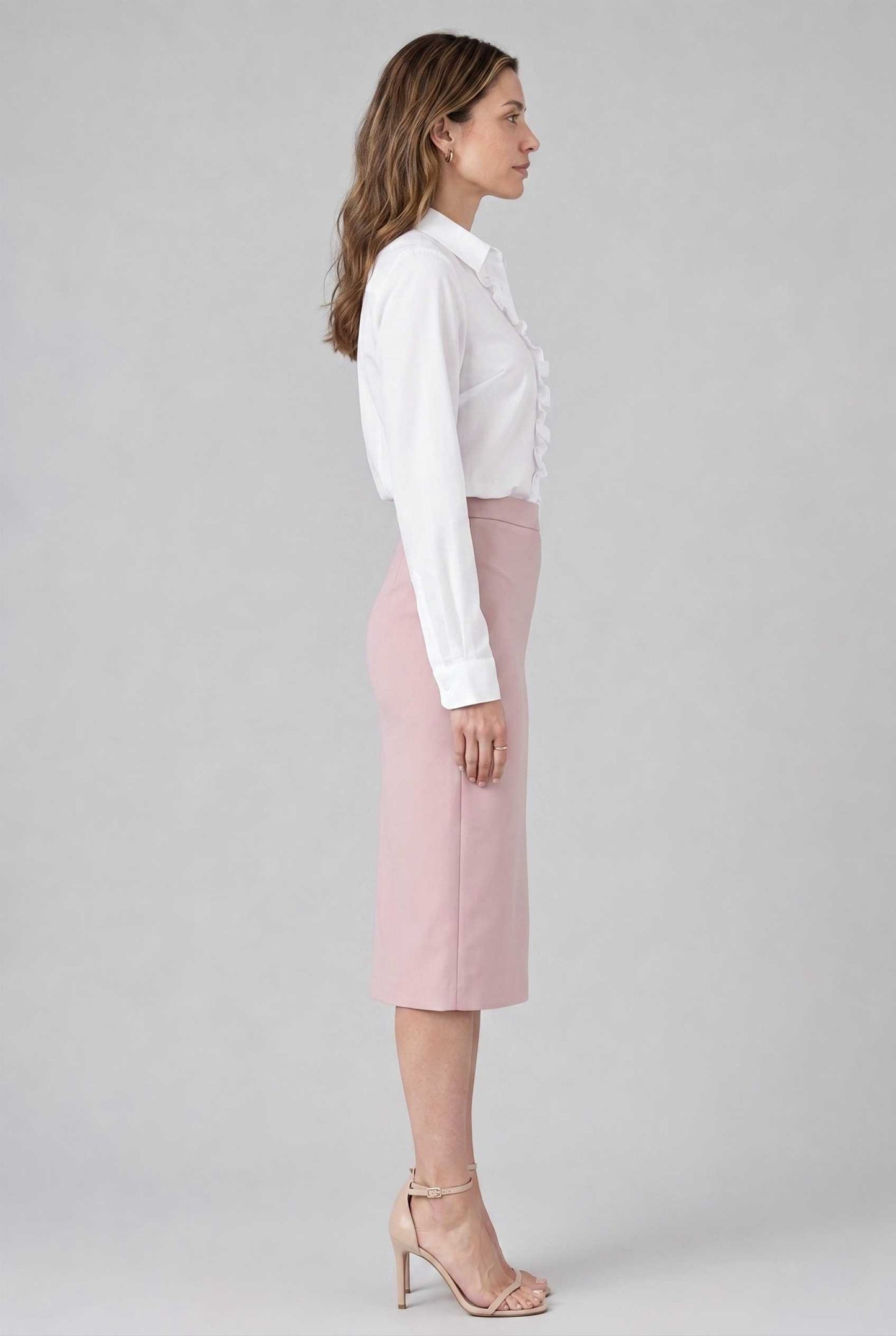 Virtual model wearing The Aria Ruffle Blouse Ruffle Georgette Button-Down Blouse in White