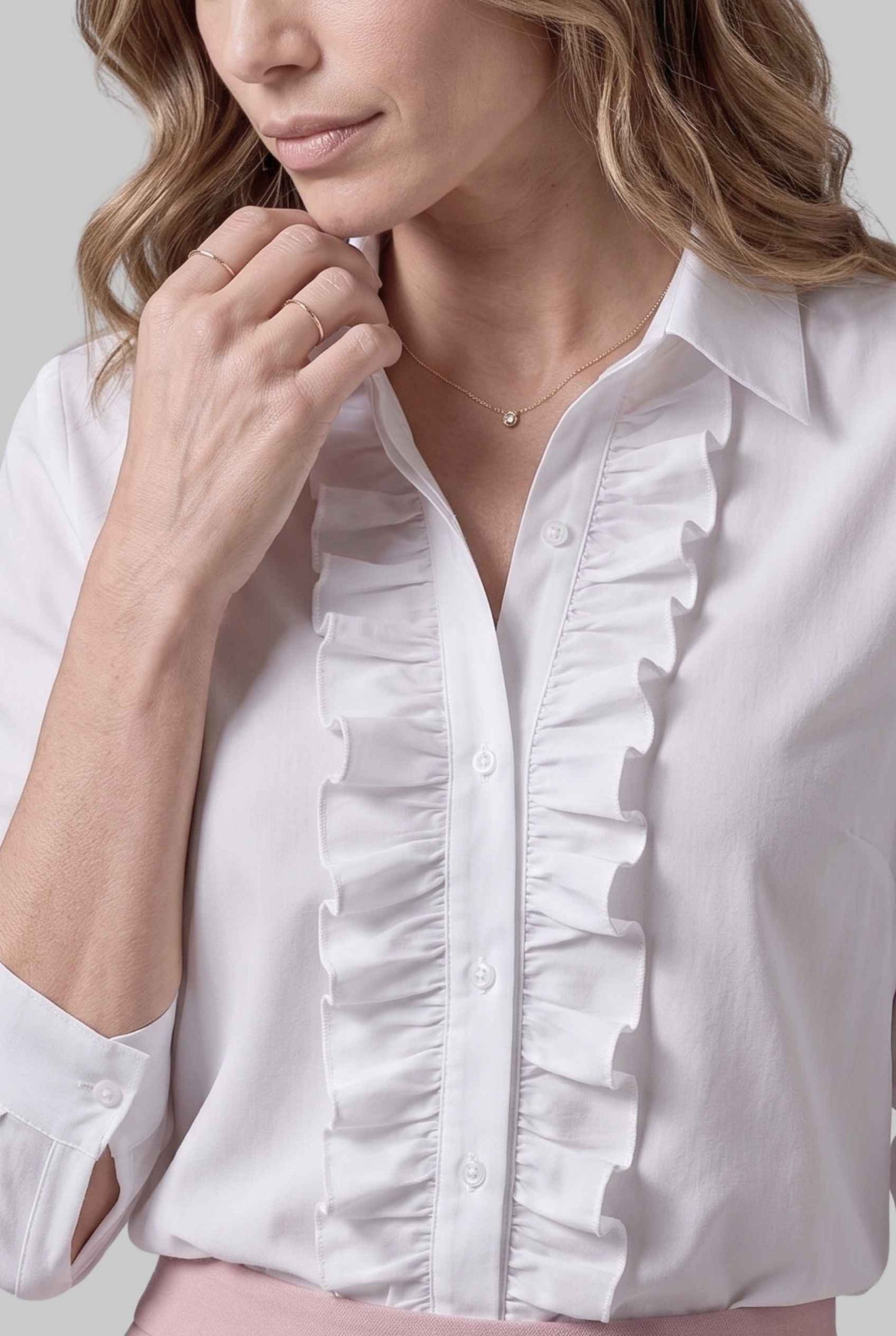 Virtual model wearing The Aria Ruffle Blouse Ruffle Georgette Button-Down Blouse in White
