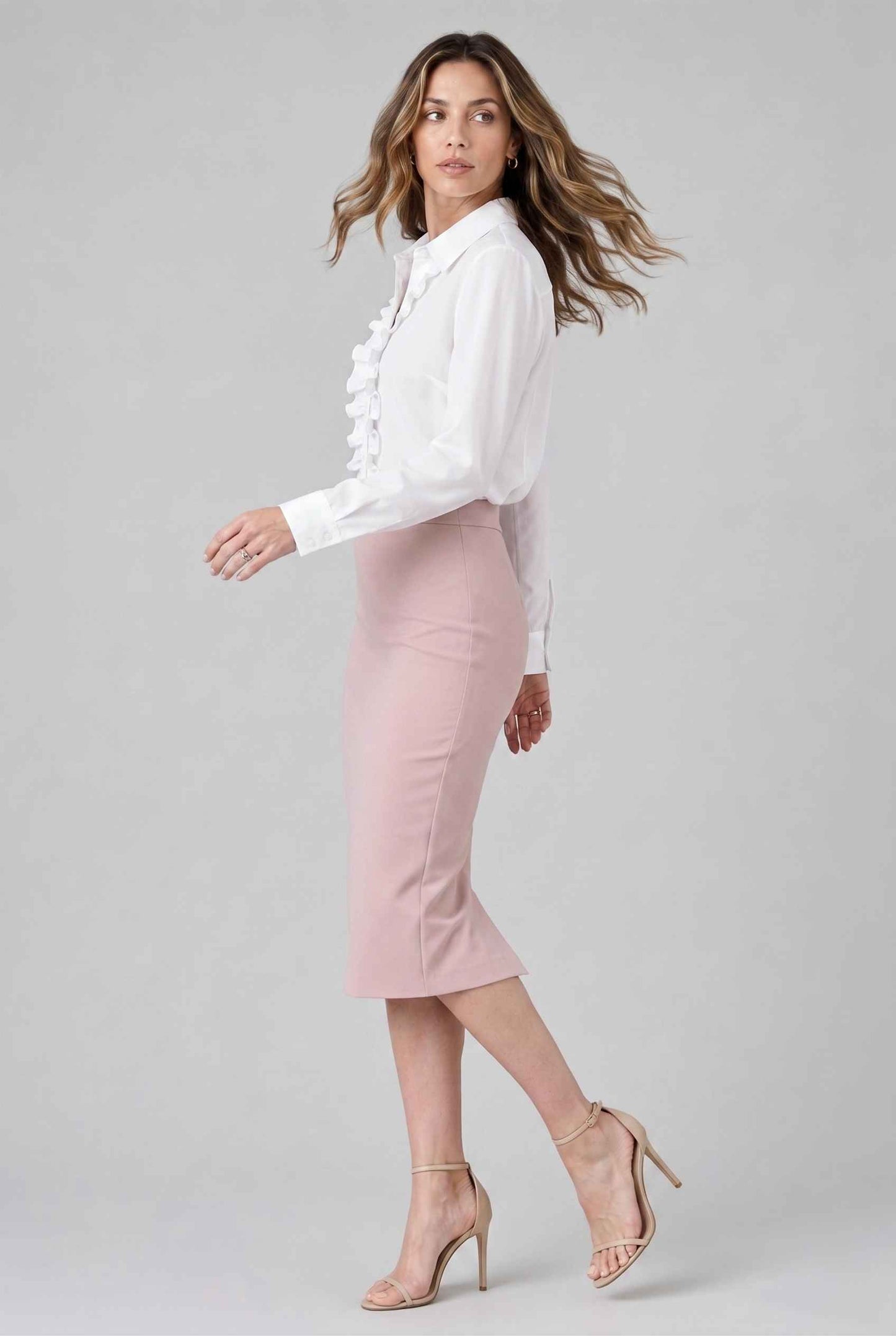 Virtual model wearing The Aria Ruffle Blouse Ruffle Georgette Button-Down Blouse in White