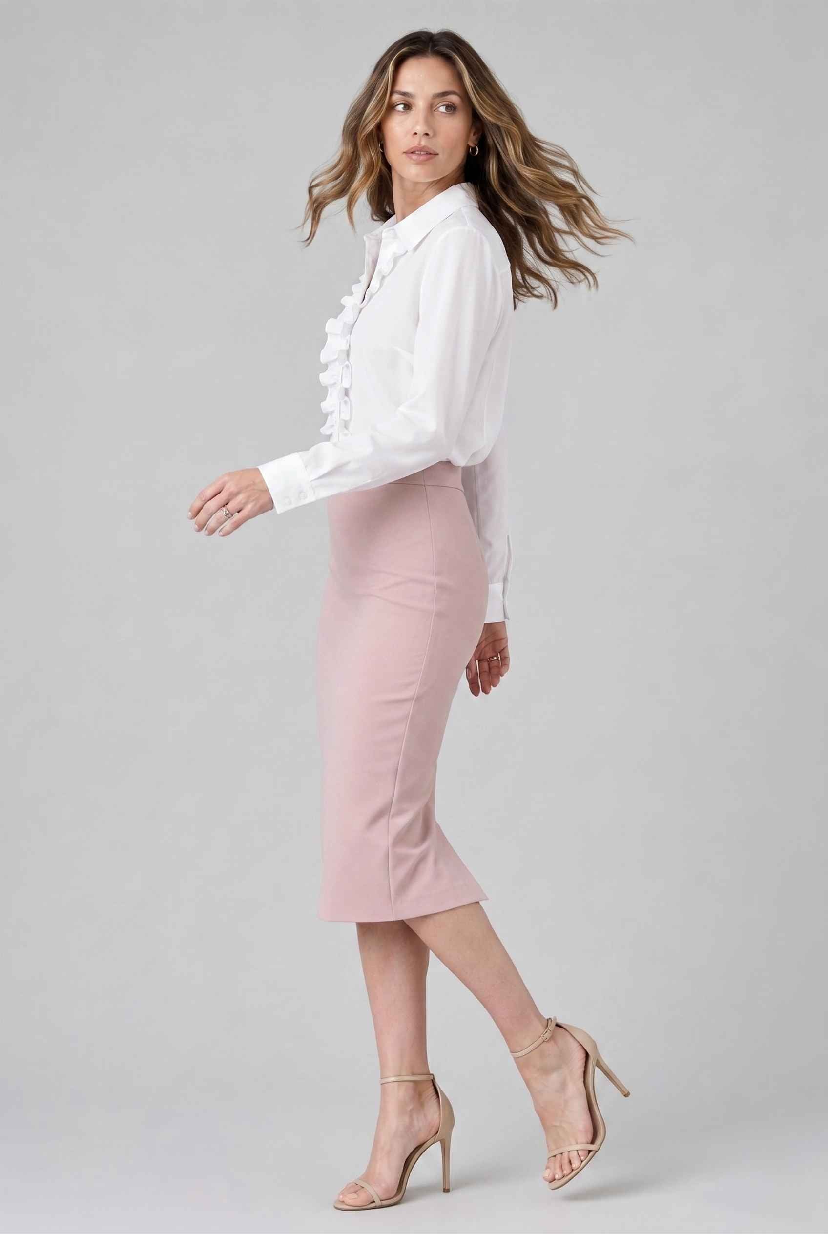 Virtual model wearing The Aria Ruffle Blouse Ruffle Georgette Button-Down Blouse in White