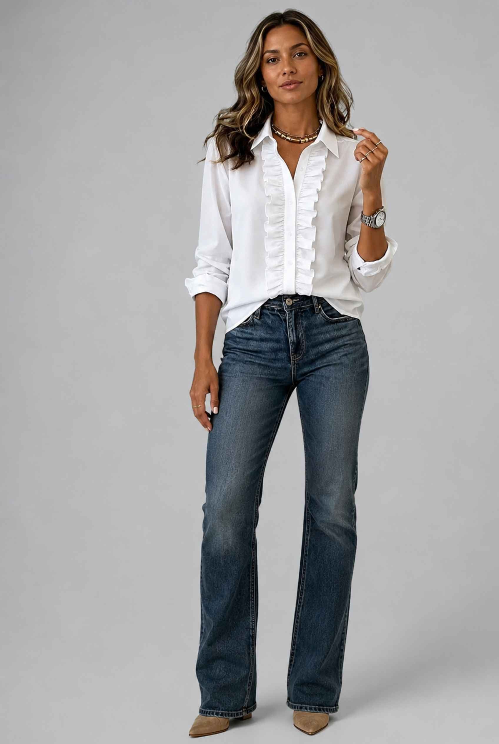 Virtual Model wearing The Aria Ruffle Blouse Ruffle Georgette White Button-Down Blouse