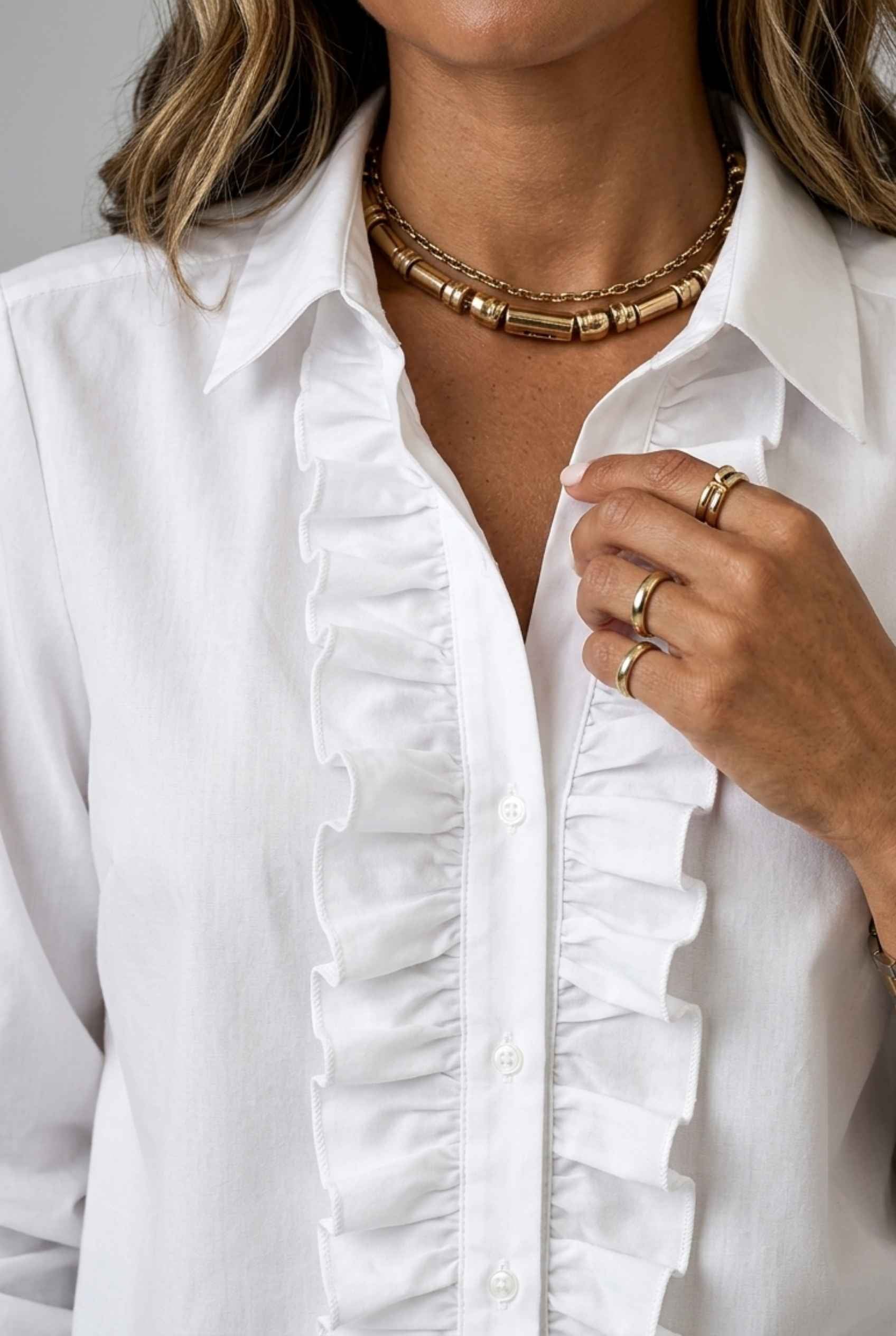 Virtual Model wearing The Aria Ruffle Blouse Ruffle Georgette White Button-Down Blouse