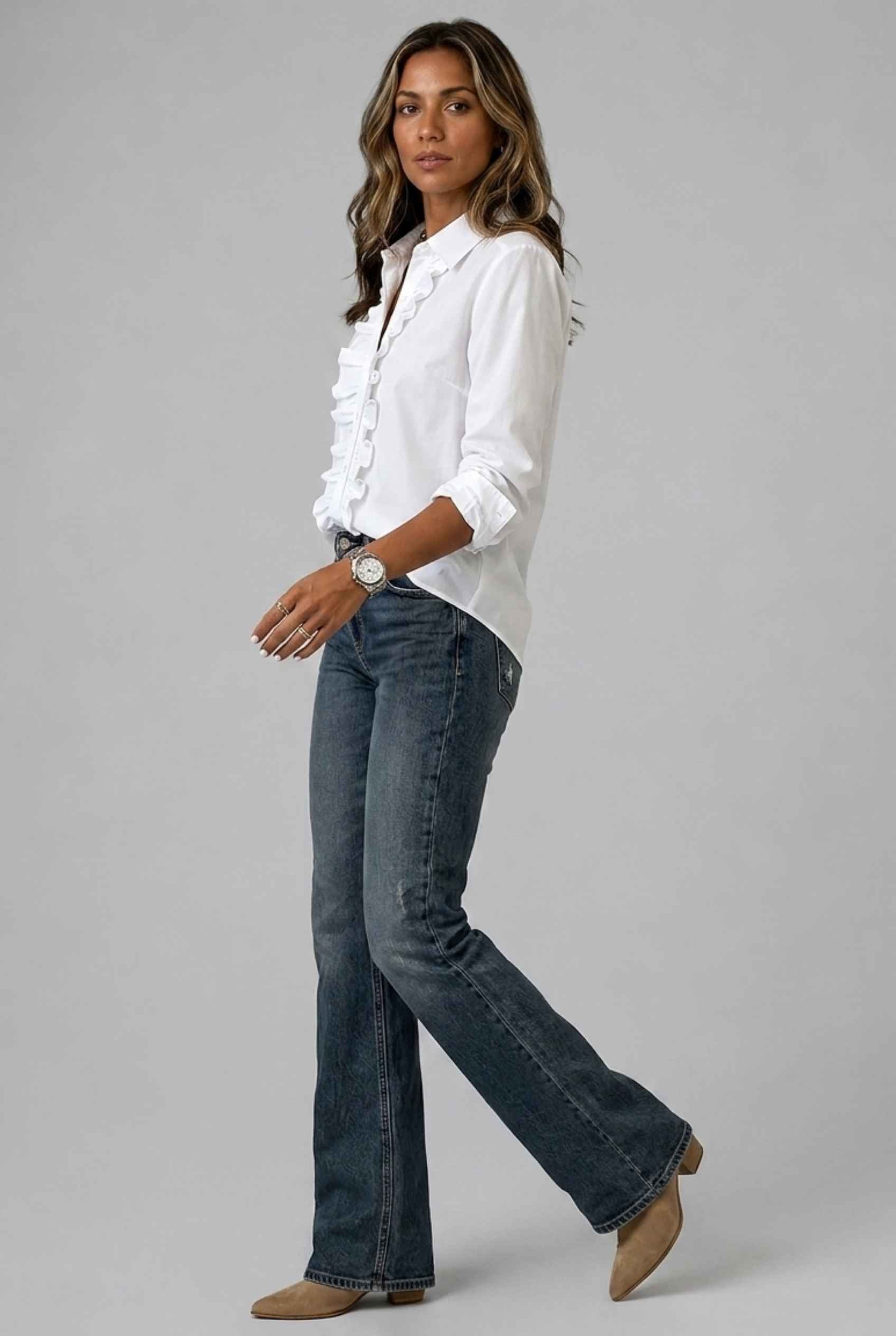 Virtual Model wearing The Aria Ruffle Blouse Ruffle Georgette White Button-Down Blouse