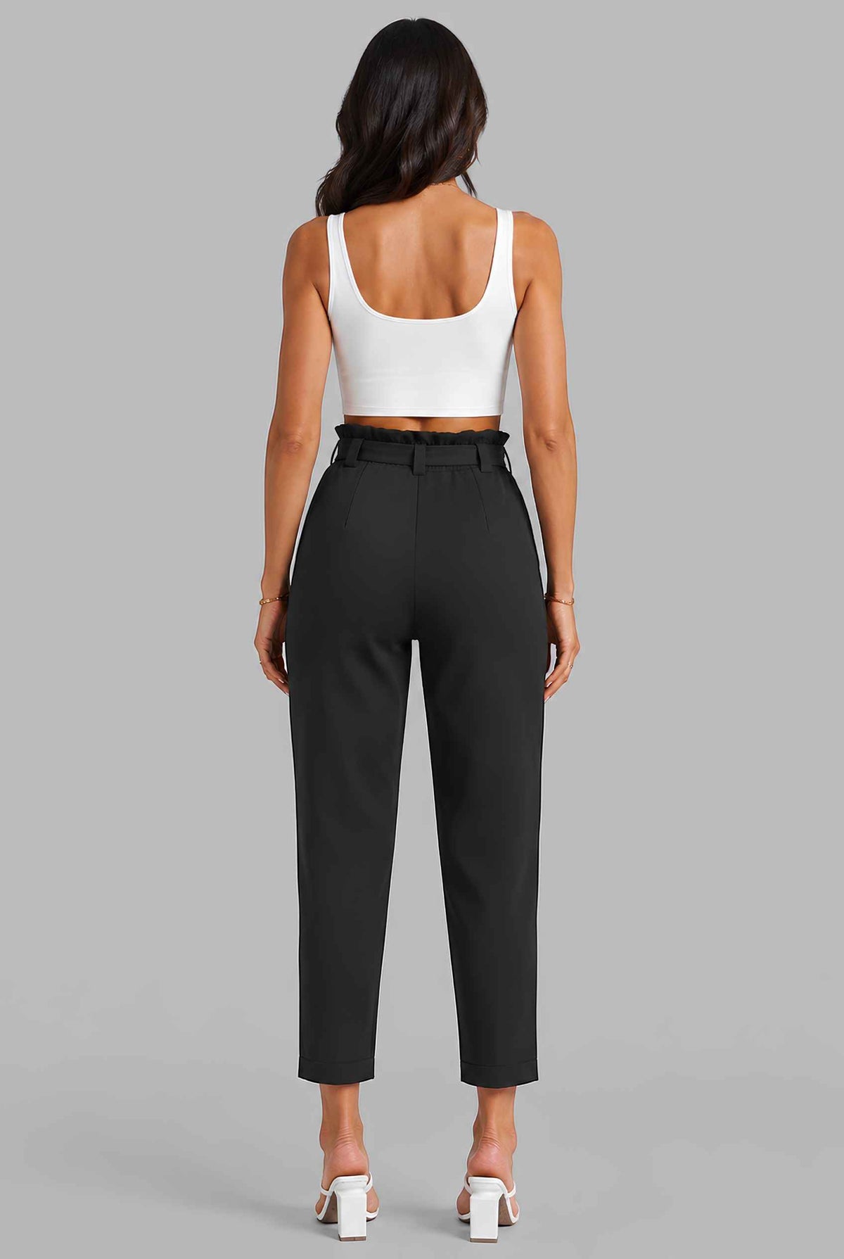 Virtual model wearing The Arwen Tapered Pant Paperbag Waist Tapered Trouser in Black