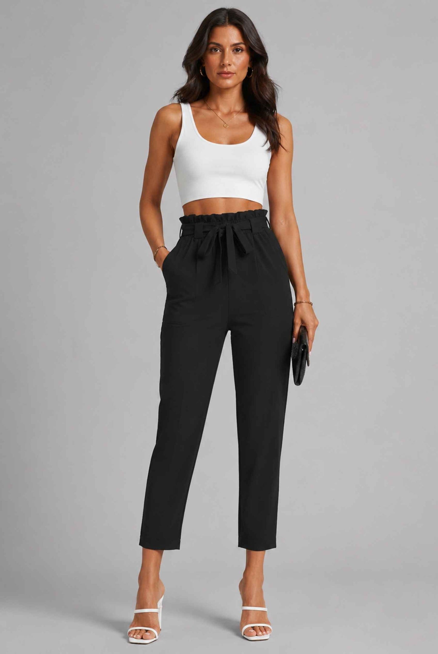 Virtual Model wearing The Arwen Tapered Pant Paperbag Waist Black Tapered Trouser