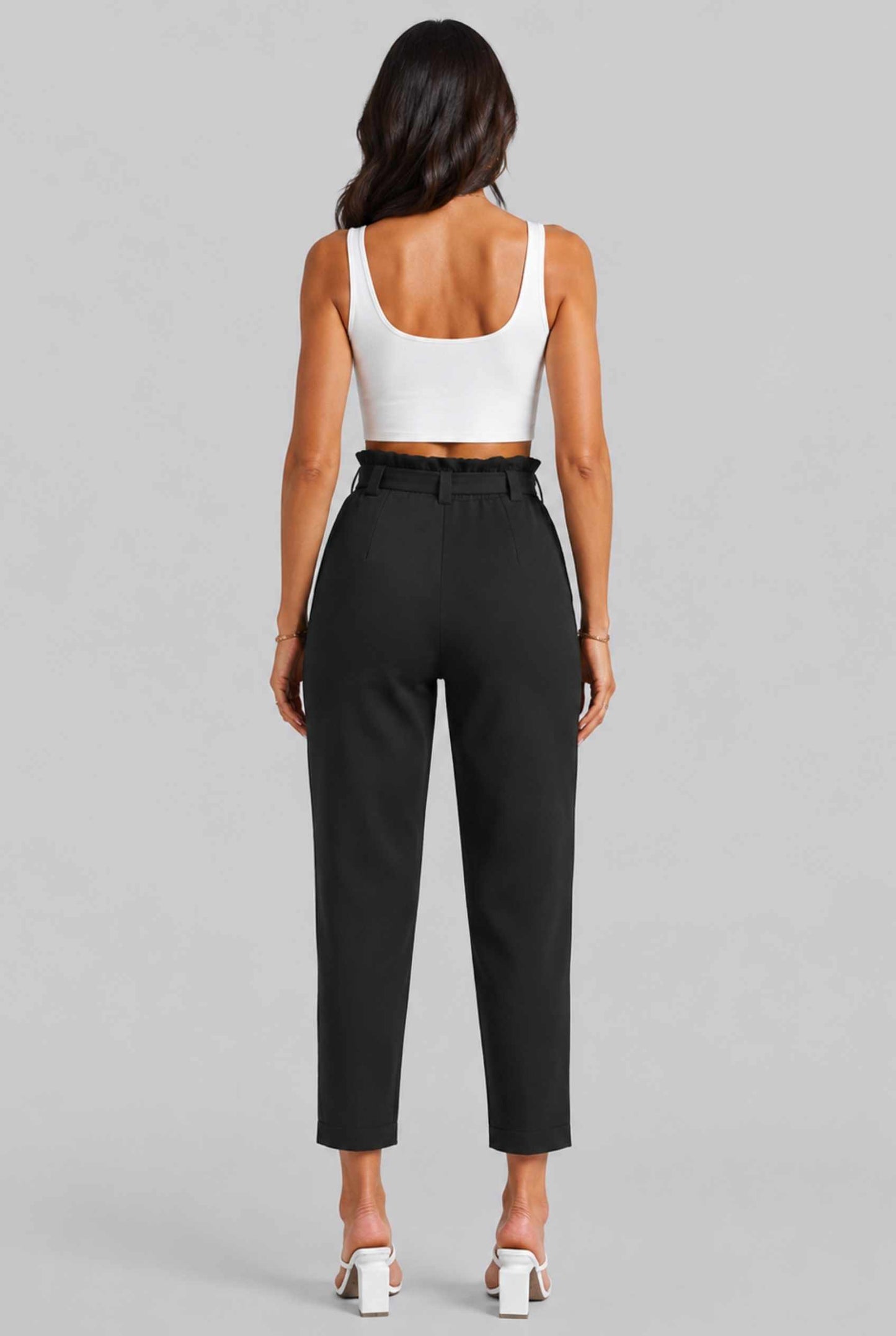 Virtual Model wearing The Arwen Tapered Pant Paperbag Waist Black Tapered Trouser