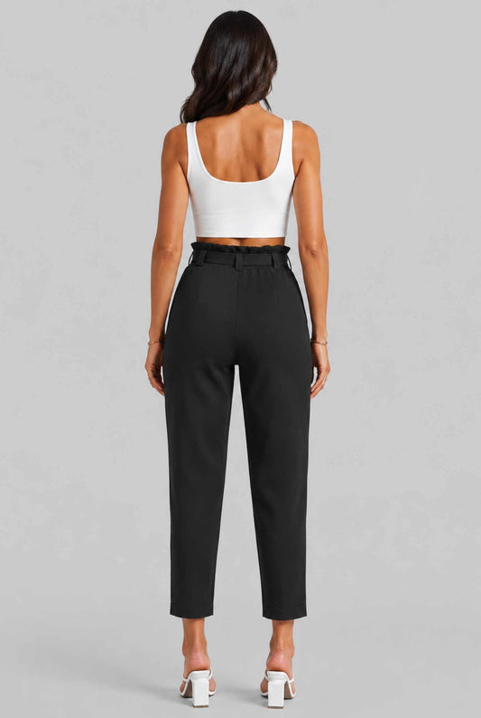 Virtual Model wearing The Arwen Tapered Pant Paperbag Waist Black Tapered Trouser