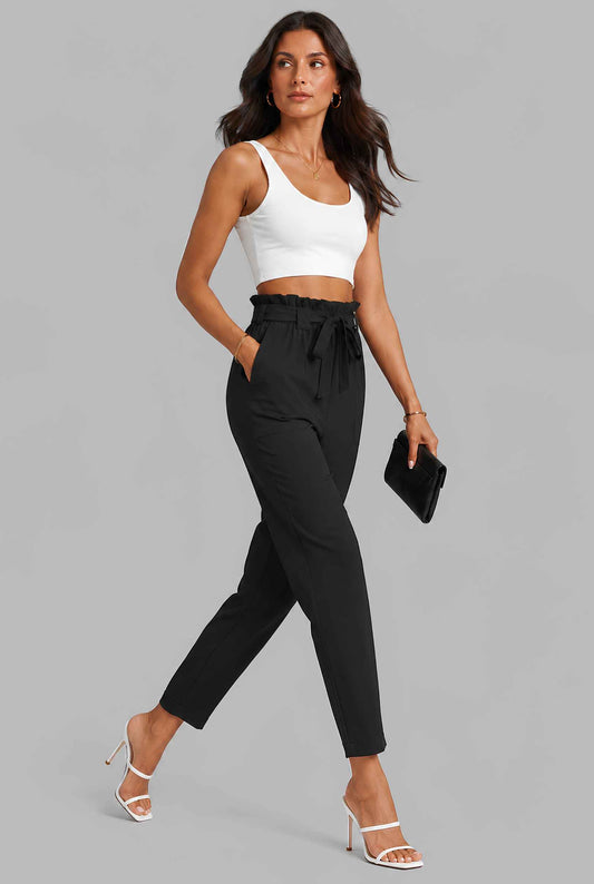 Virtual model wearing The Arwen Tapered Pant Paperbag Waist Tapered Trouser in Black