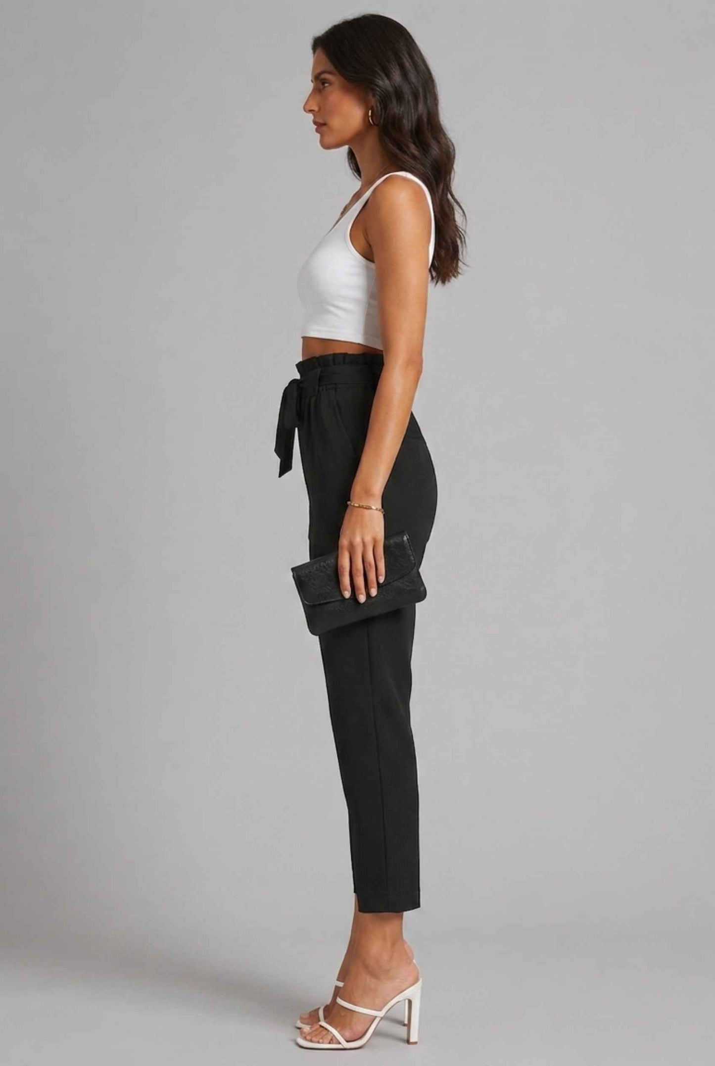 Virtual Model wearing The Arwen Tapered Pant Paperbag Waist Black Tapered Trouser