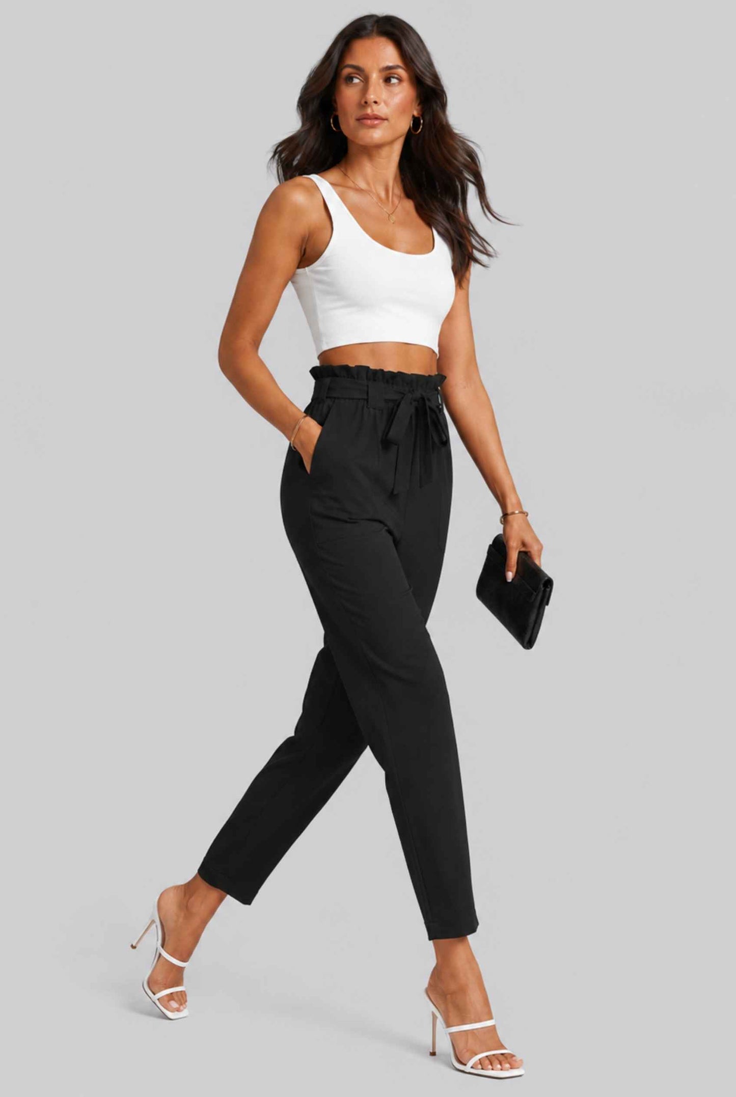Virtual Model wearing The Arwen Tapered Pant Paperbag Waist Black Tapered Trouser