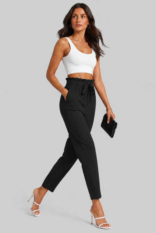 Virtual Model wearing The Arwen Tapered Pant Paperbag Waist Black Tapered Trouser