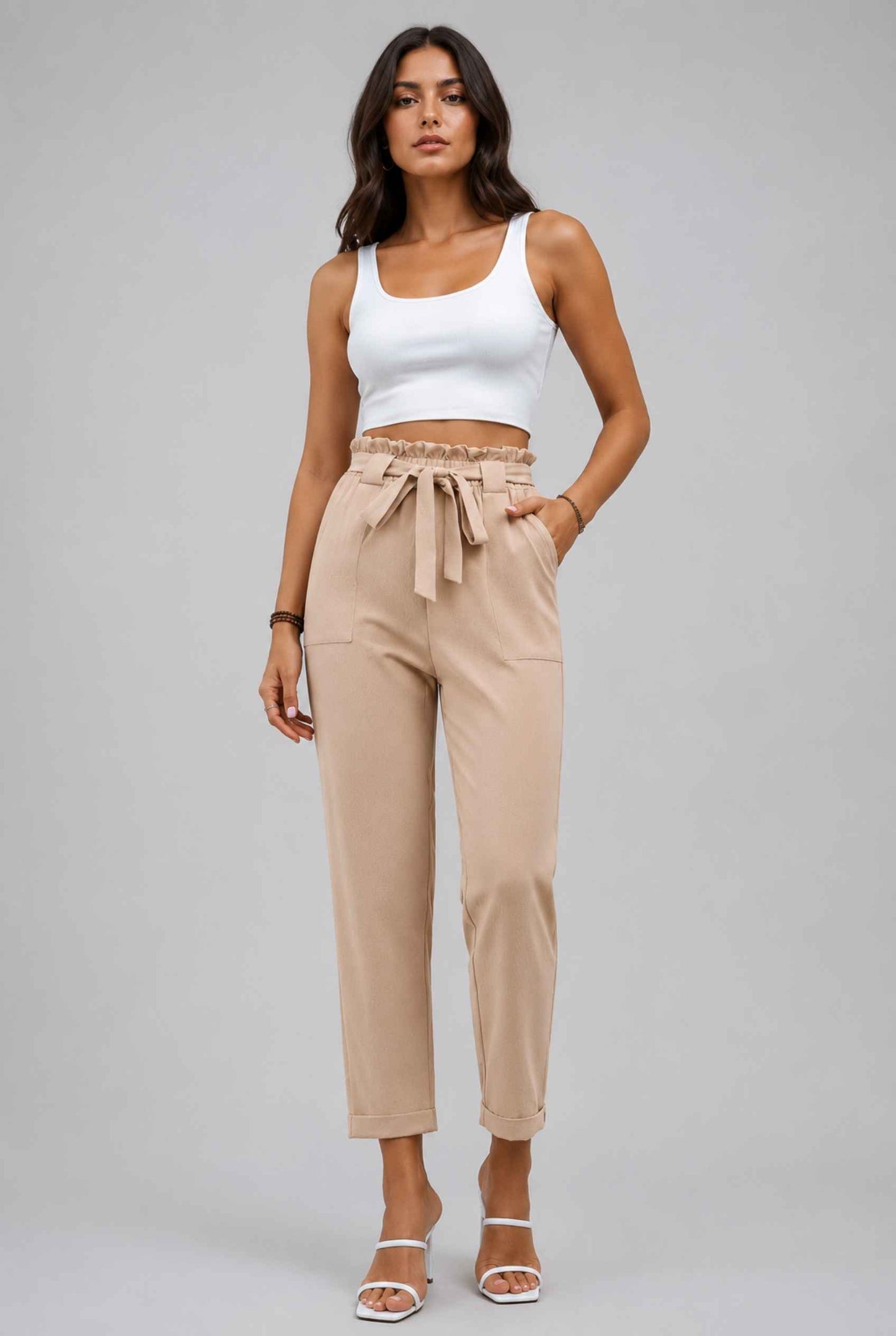 Virtual Model wearing The Arwen Tapered Pant Paperbag Waist Khaki Tapered Trouser