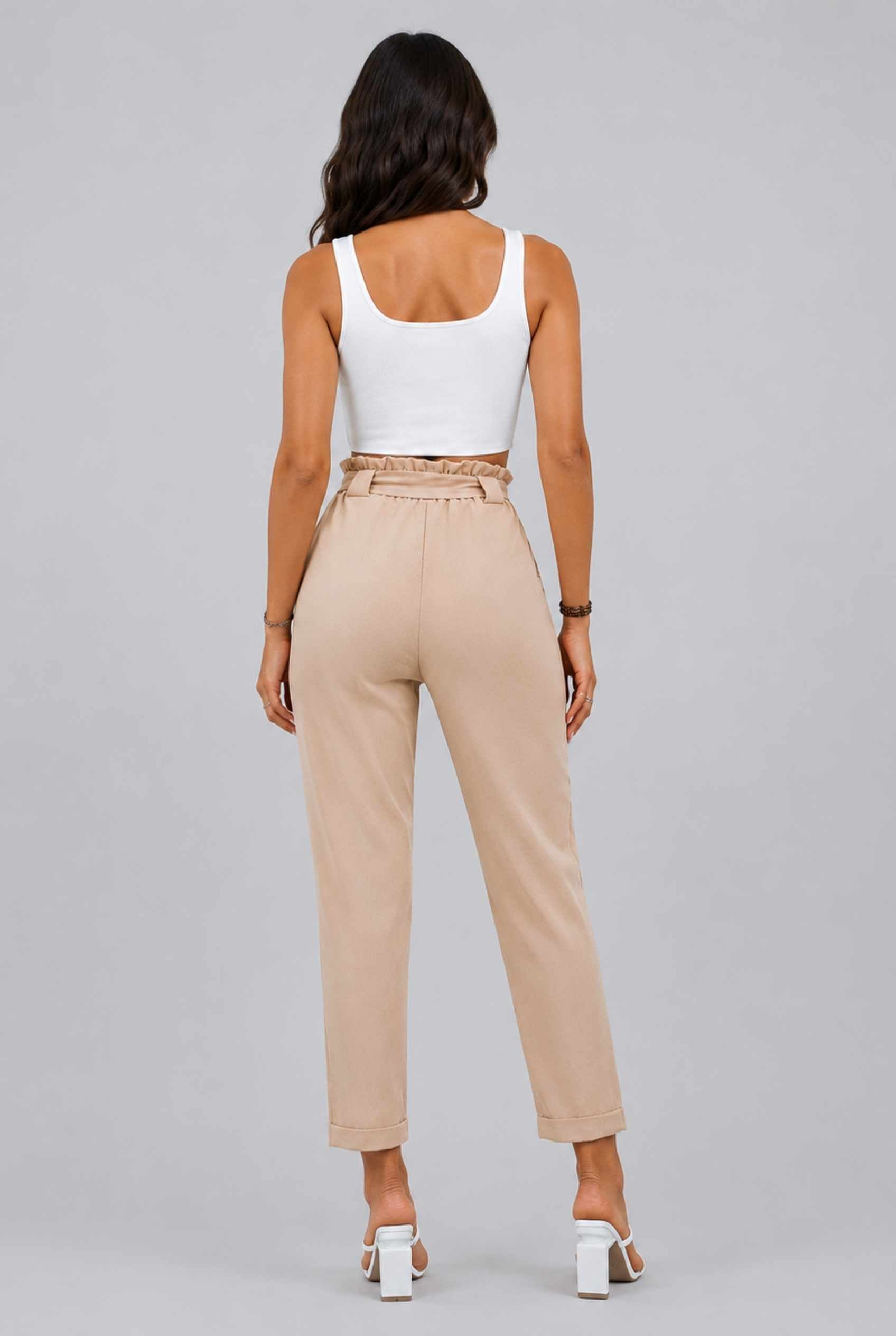 Virtual Model wearing The Arwen Tapered Pant Paperbag Waist Khaki Tapered Trouser