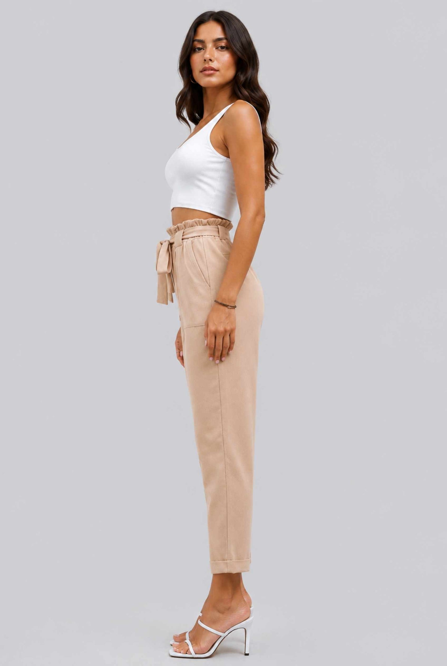Virtual Model wearing The Arwen Tapered Pant Paperbag Waist Khaki Tapered Trouser