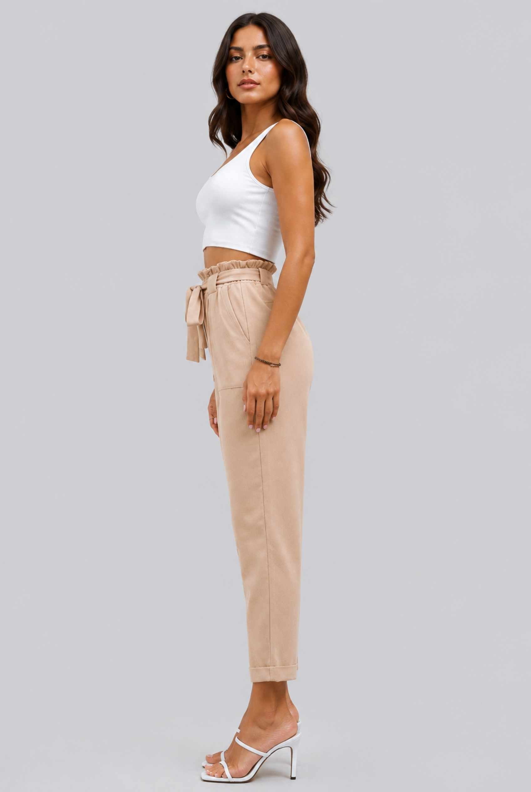 Virtual Model wearing The Arwen Tapered Pant Paperbag Waist Khaki Tapered Trouser