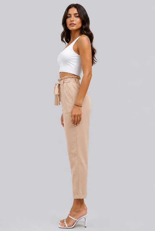 Virtual Model wearing The Arwen Tapered Pant Paperbag Waist Khaki Tapered Trouser