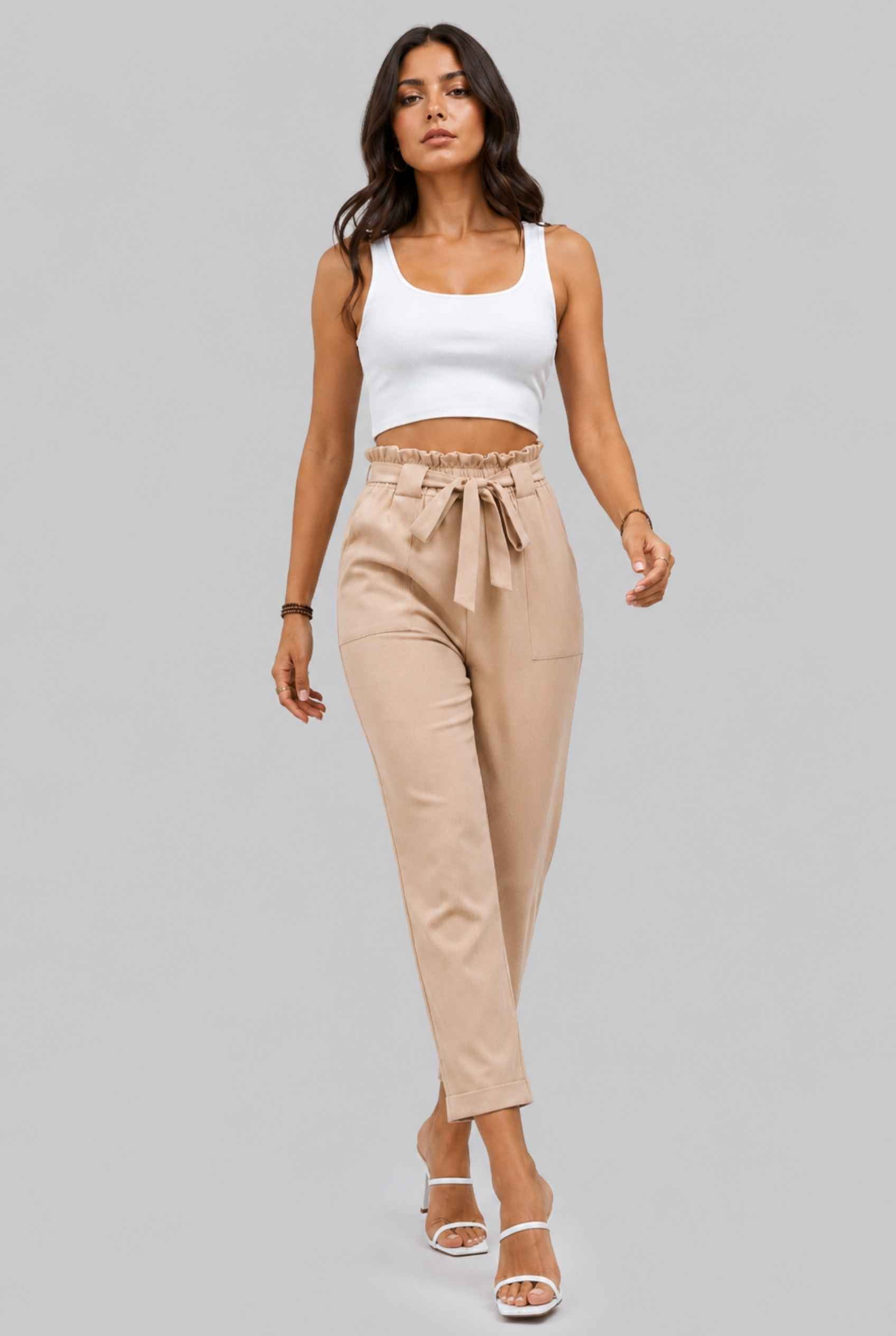 Virtual Model wearing The Arwen Tapered Pant Paperbag Waist Khaki Tapered Trouser