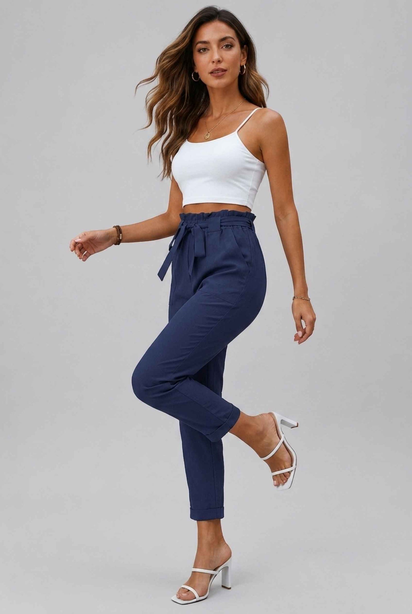 Virtual Model wearing The Arwen Tapered Pant Paperbag Waist Navy Tapered Trouser