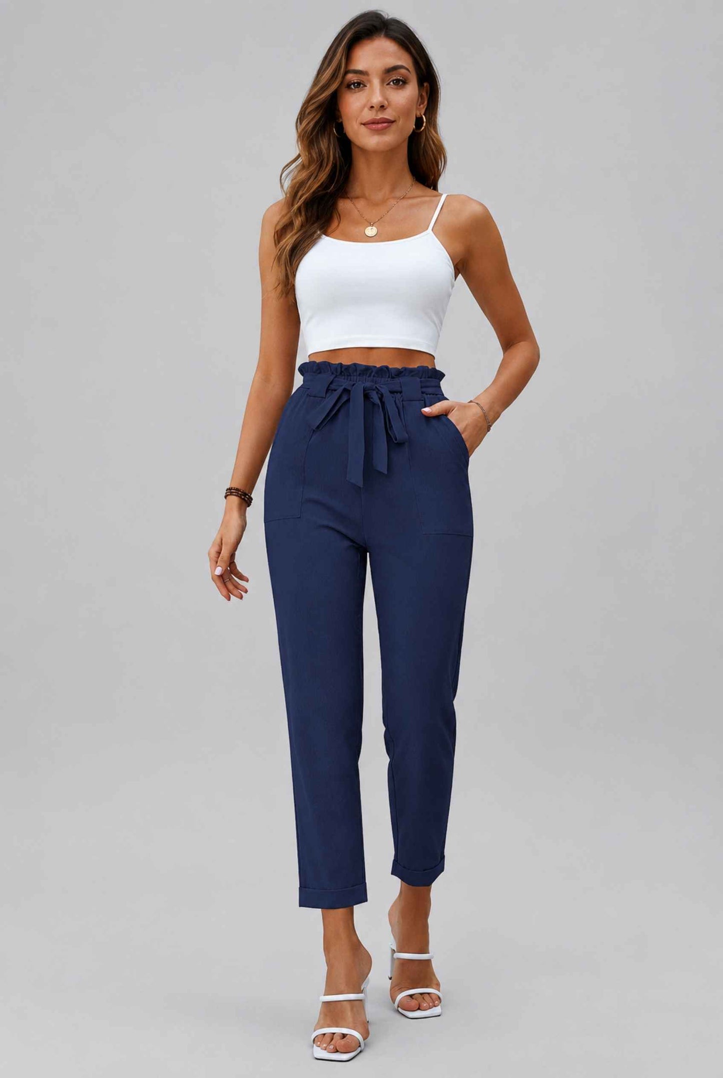 Virtual Model wearing The Arwen Tapered Pant Paperbag Waist Navy Tapered Trouser