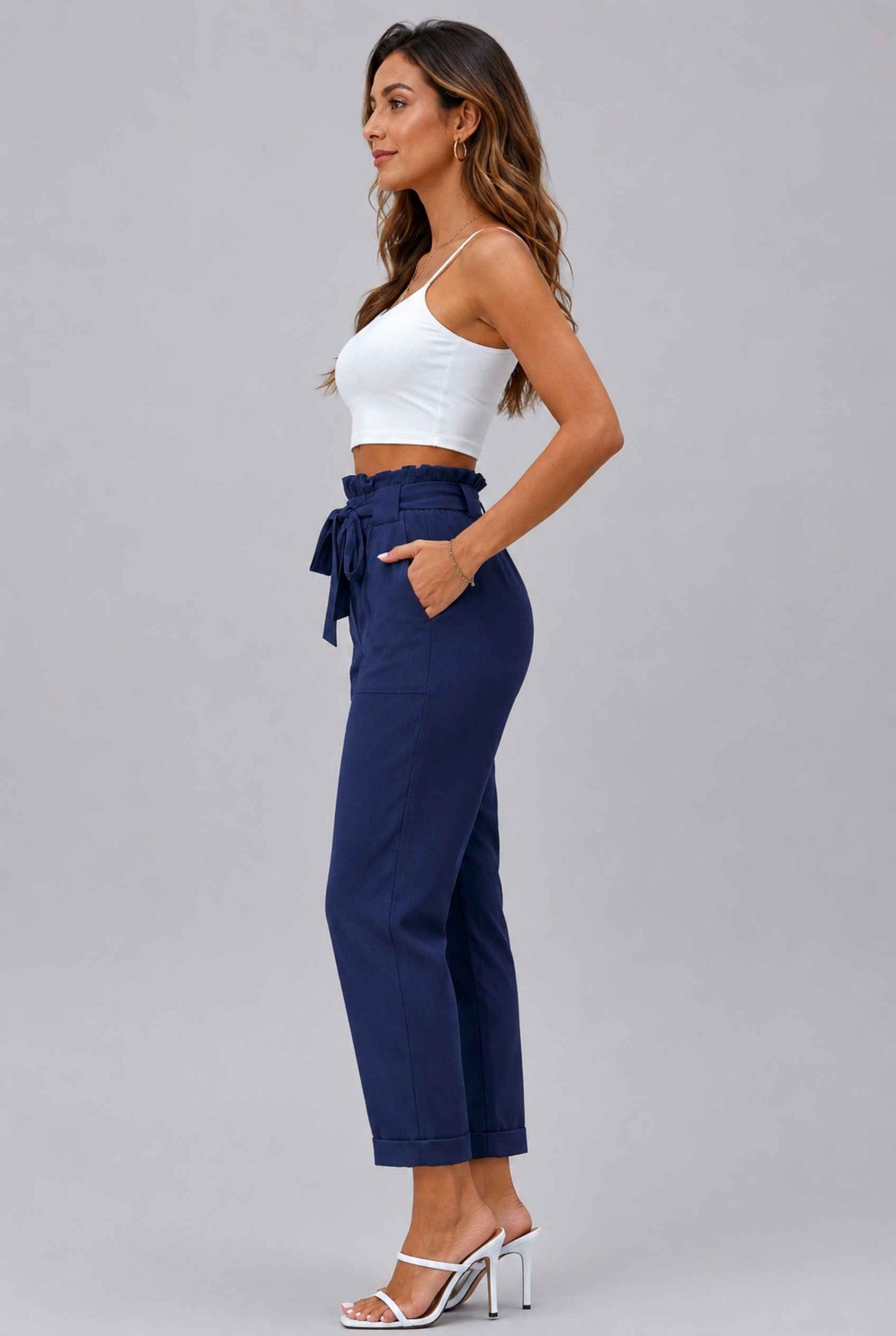 Virtual Model wearing The Arwen Tapered Pant Paperbag Waist Navy Tapered Trouser