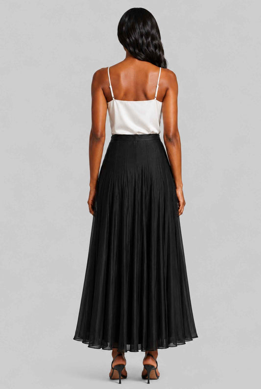 Virtual Model wearing The Astrid Pleated Skirt Lustrous Satin Black Midi Skirt
