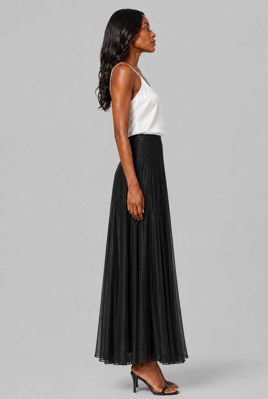 Virtual Model wearing The Astrid Pleated Skirt Lustrous Satin Black Midi Skirt
