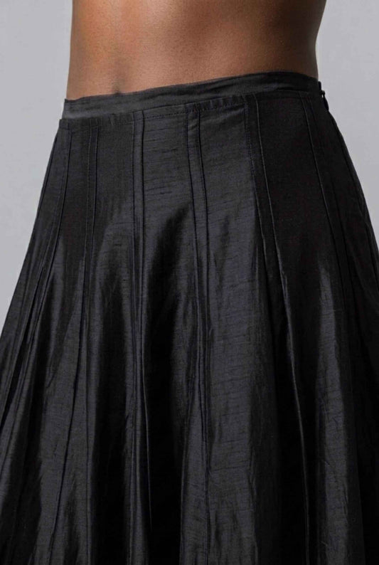 Virtual Model wearing The Astrid Pleated Skirt Lustrous Satin Black Midi Skirt