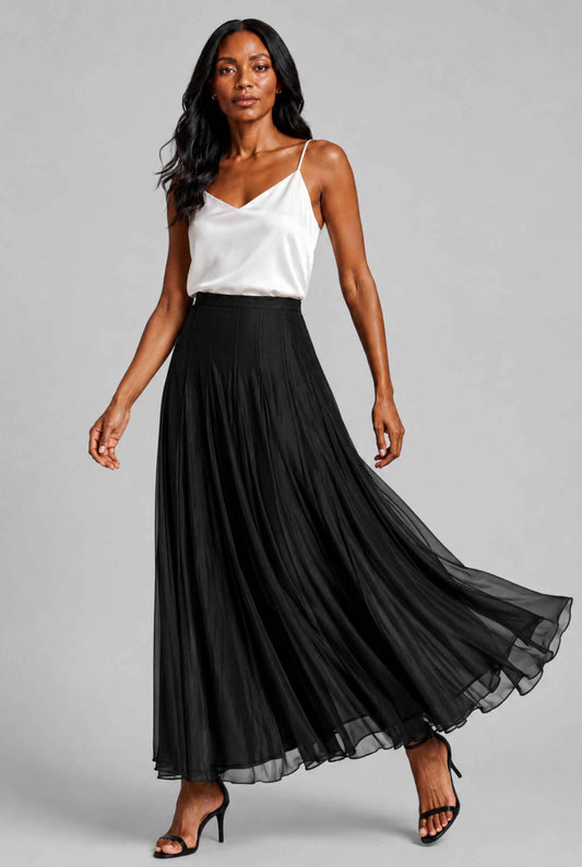 Virtual Model wearing The Astrid Pleated Skirt Lustrous Satin Black Midi Skirt