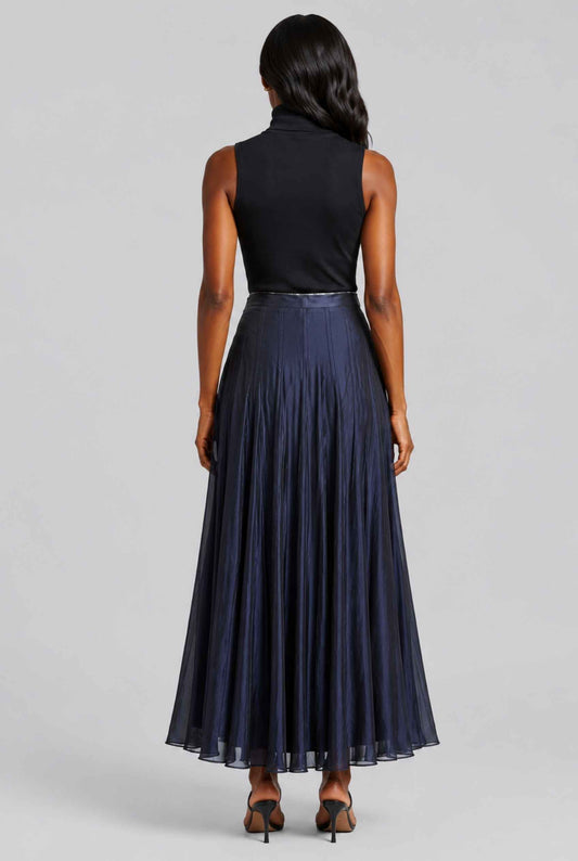 Virtual Model wearing The Astrid Pleated Skirt Lustrous Satin Navy Midi Skirt