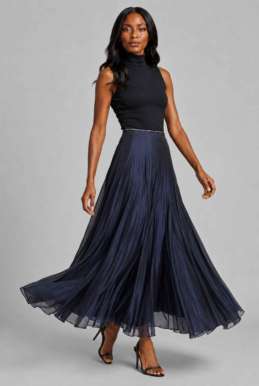 Virtual Model wearing The Astrid Pleated Skirt Lustrous Satin Navy Midi Skirt