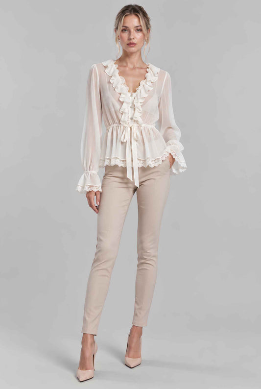 Virtual model wearing The Aura Ruffled Chiffon Blouse Jewelled Ruffled Lace Sheer Blouse in Off White
