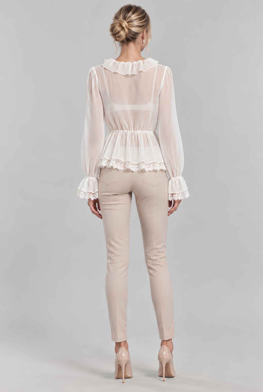 Virtual model wearing The Aura Ruffled Chiffon Blouse Jewelled Ruffled Lace Sheer Blouse in Off White