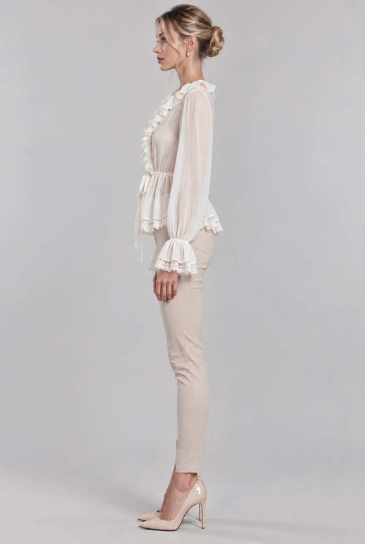 Virtual model wearing The Aura Ruffled Chiffon Blouse Jewelled Ruffled Lace Sheer Blouse in Off White