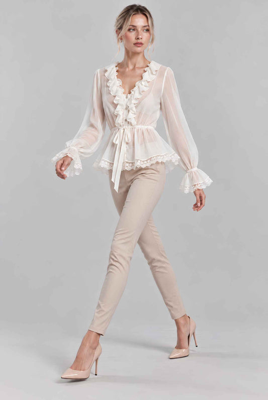 Virtual model wearing The Aura Ruffled Chiffon Blouse Jewelled Ruffled Lace Sheer Blouse in Off White