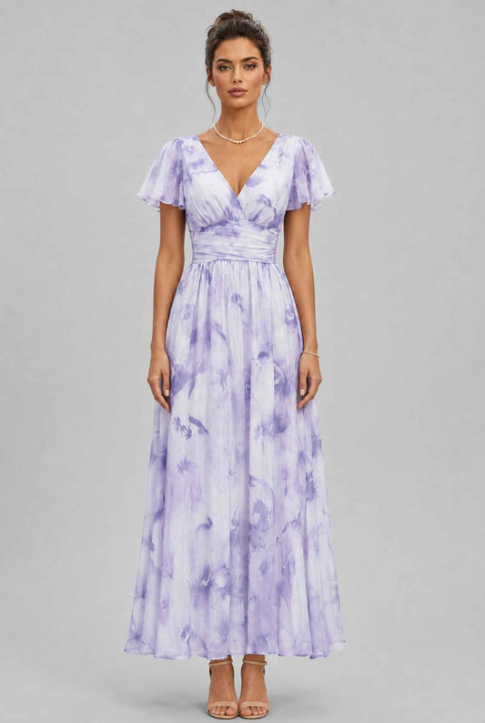 Virtual model wearing The Aurelia Floral Chiffon Dress V-Neck Flowy Dress in Lavender