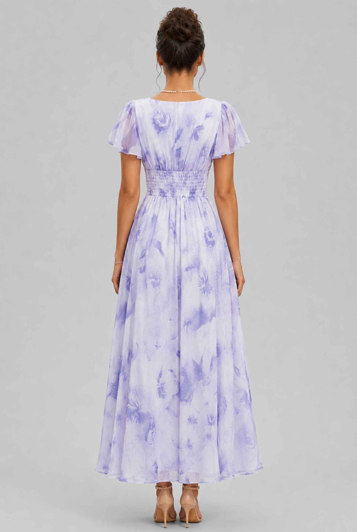 Virtual model wearing The Aurelia Floral Chiffon Dress V-Neck Flowy Dress in Lavender