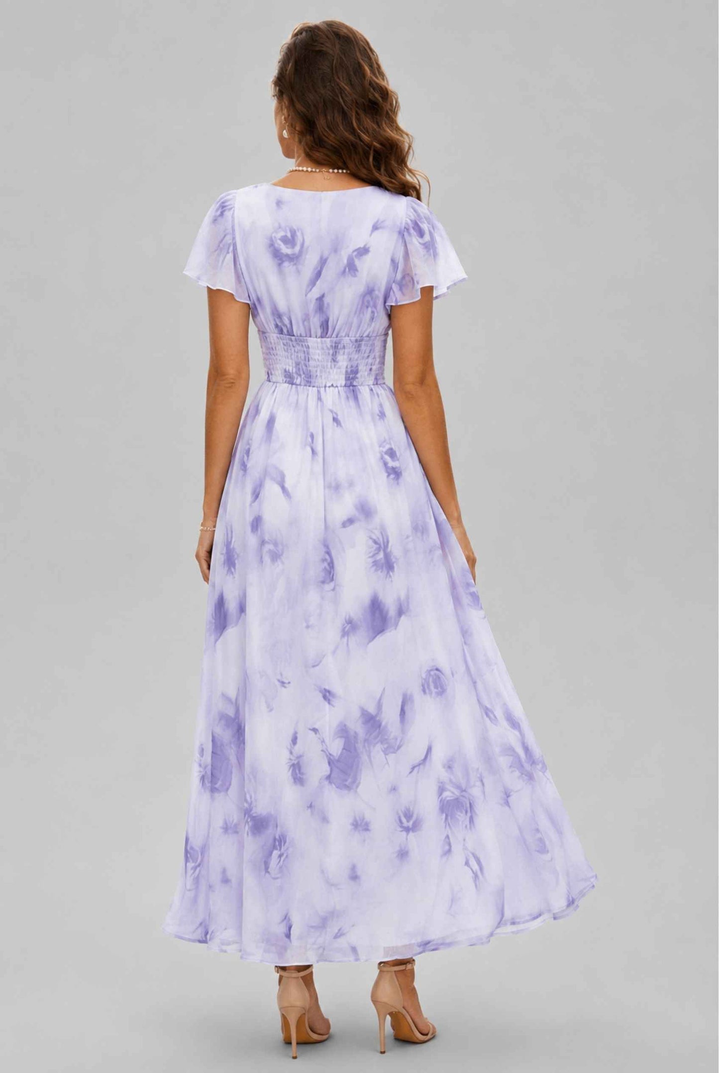 Virtual model wearing The Aurelia Floral Chiffon Dress Lavender V-Neck Flowy Dress